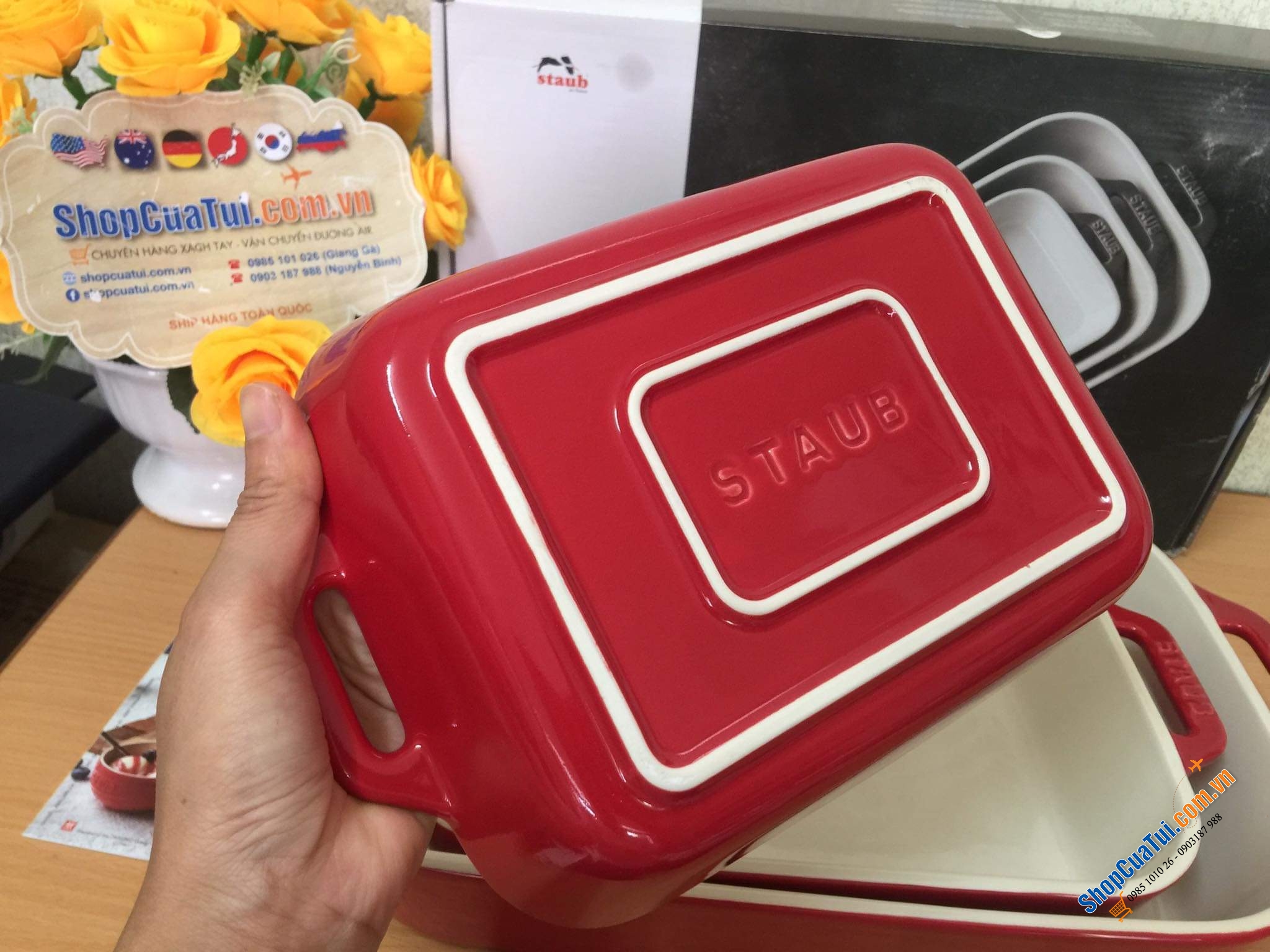 SET 3 KHAY GỐM CHỮ NHẬT BỎ LÒ STAUB - MÀU ĐỎ
