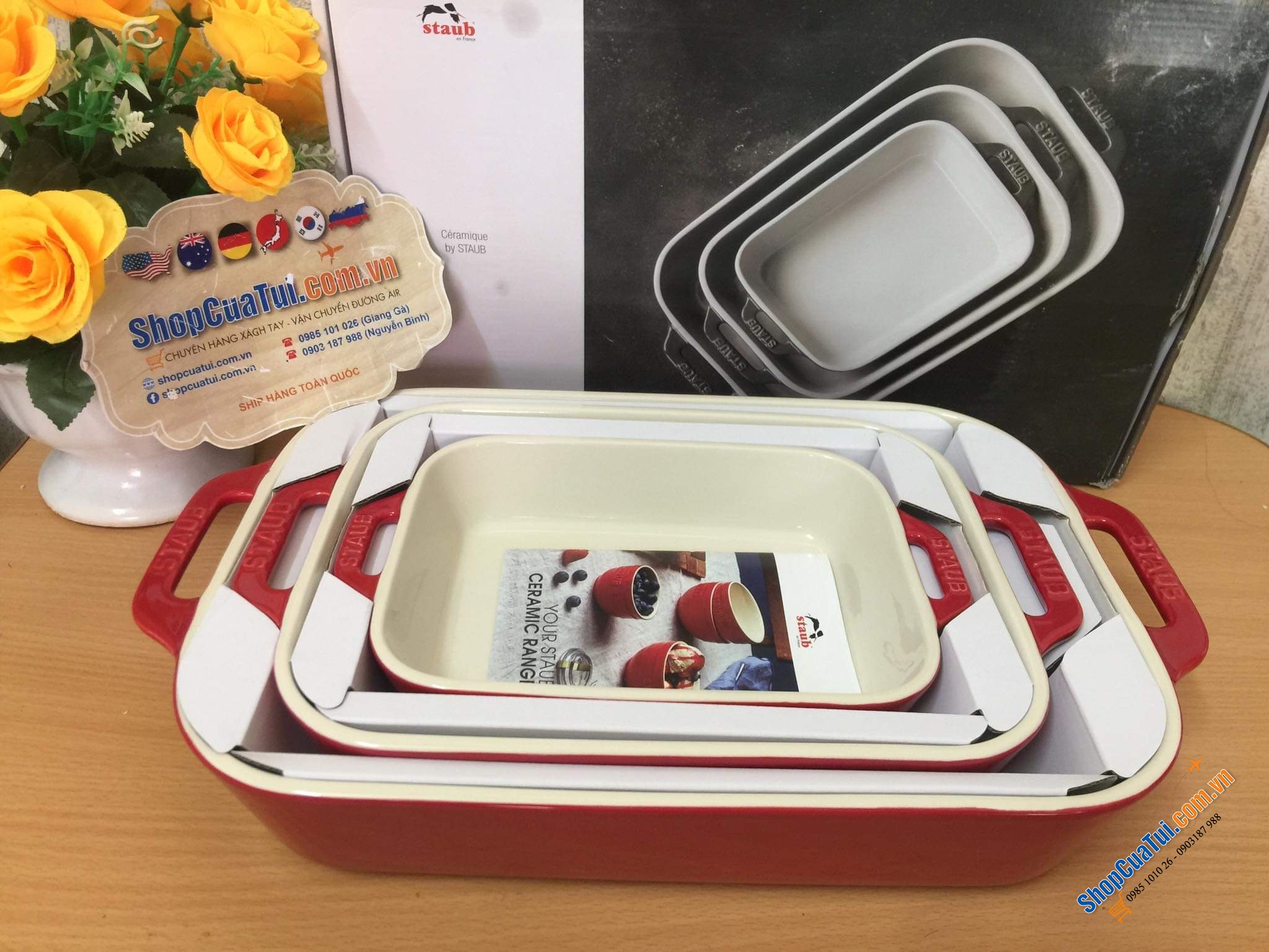SET 3 KHAY GỐM CHỮ NHẬT BỎ LÒ STAUB - MÀU ĐỎ