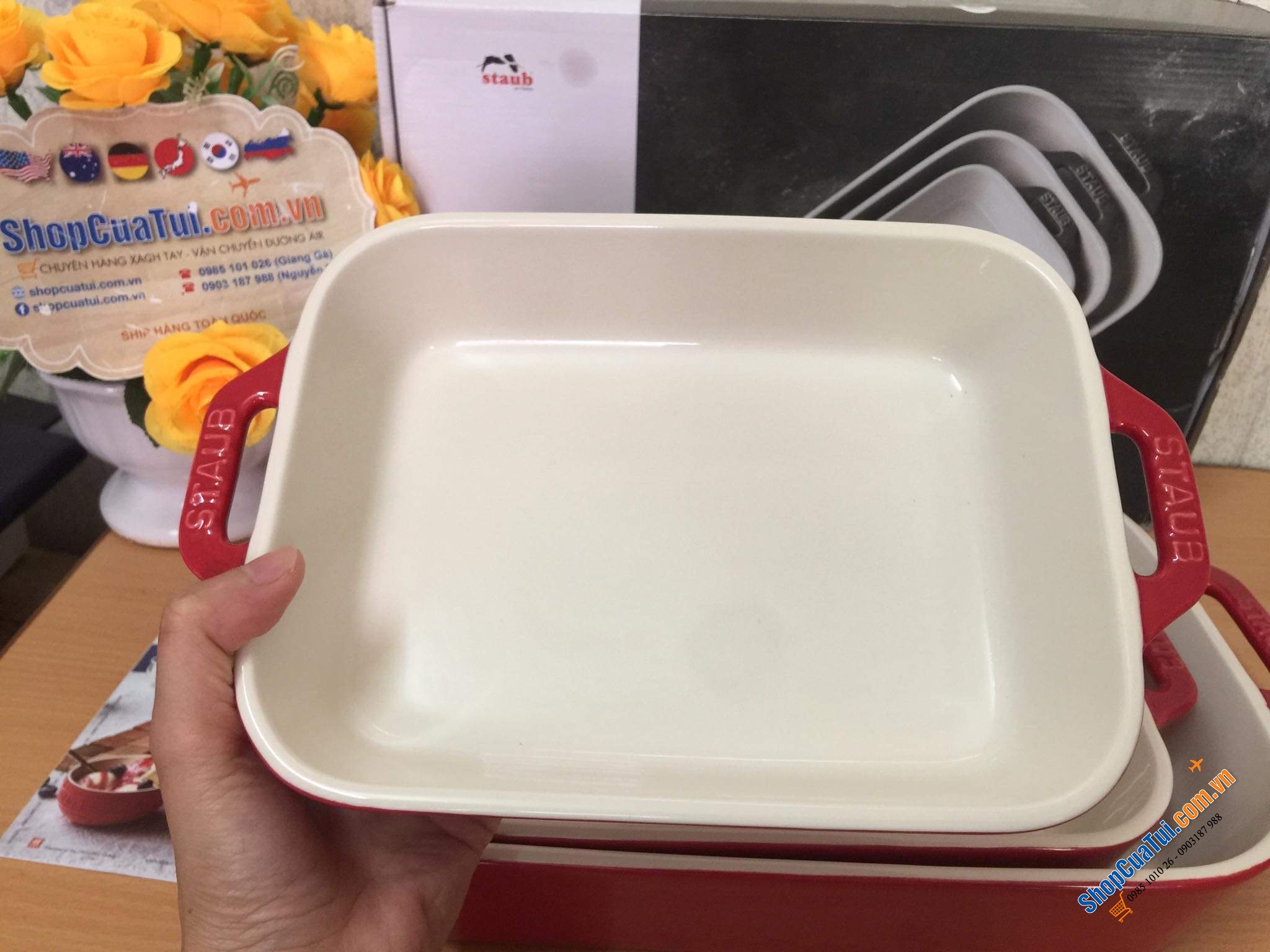SET 3 KHAY GỐM CHỮ NHẬT BỎ LÒ STAUB - MÀU ĐỎ