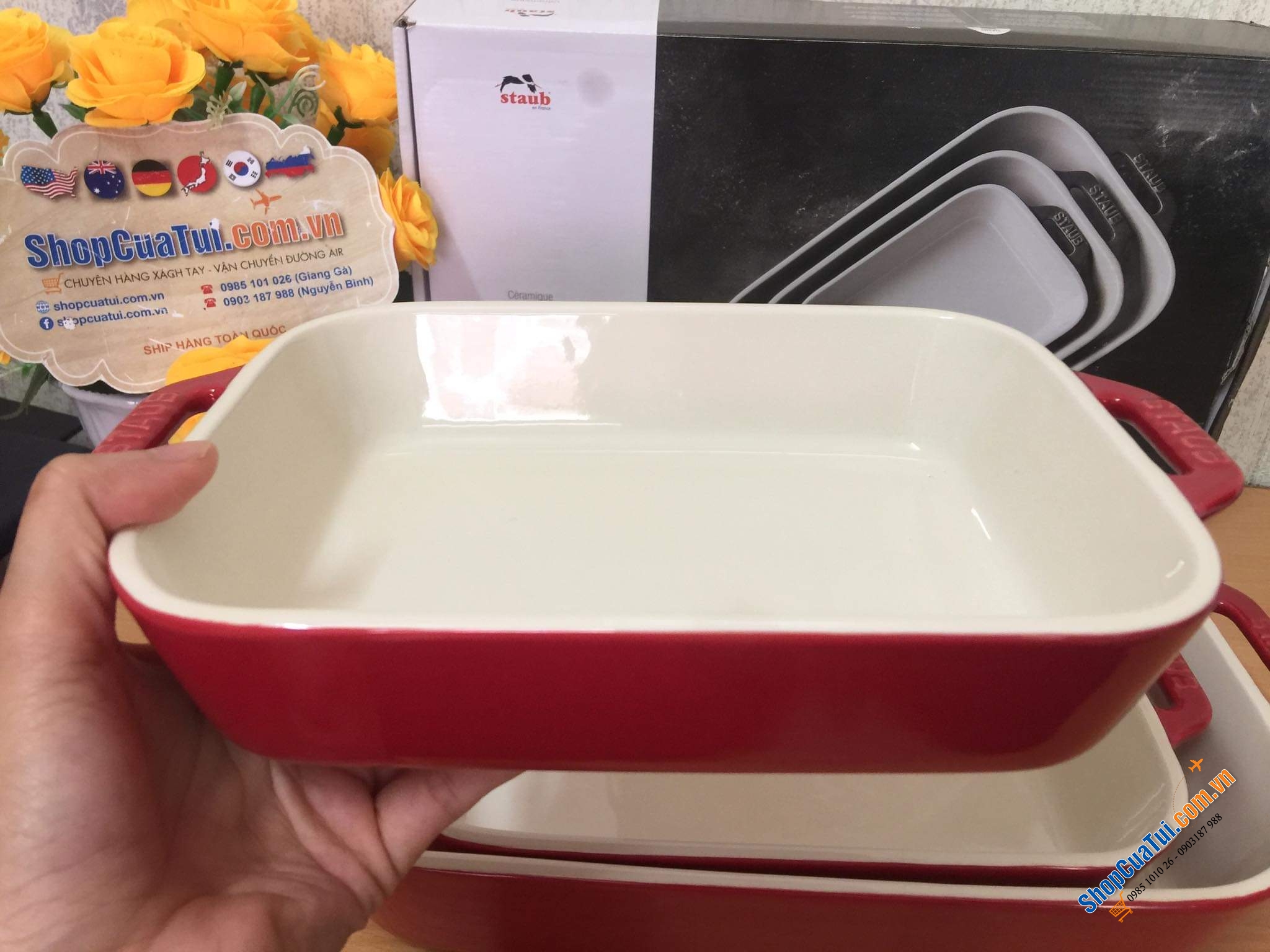 SET 3 KHAY GỐM CHỮ NHẬT BỎ LÒ STAUB - MÀU ĐỎ