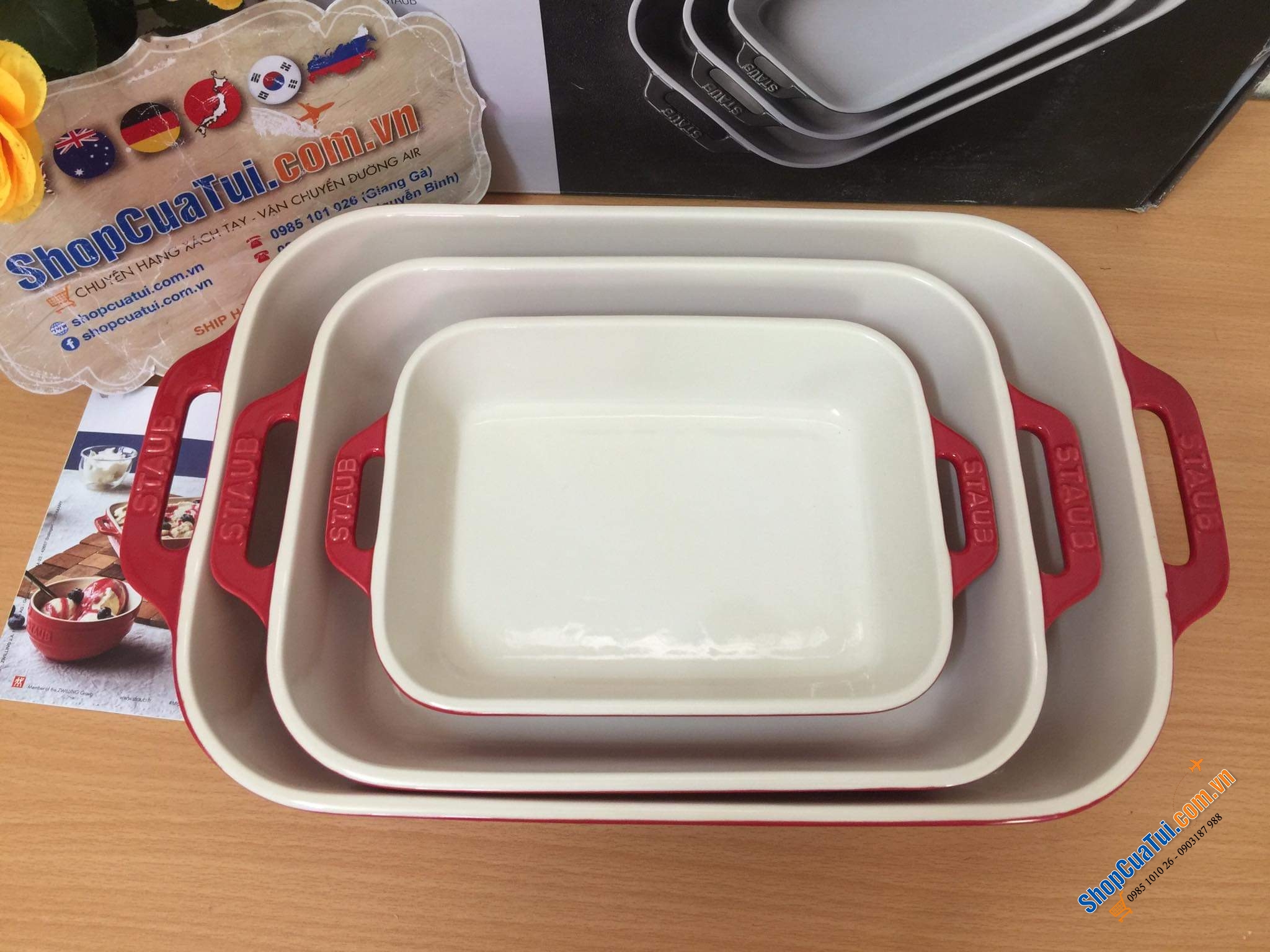 SET 3 KHAY GỐM CHỮ NHẬT BỎ LÒ STAUB - MÀU ĐỎ