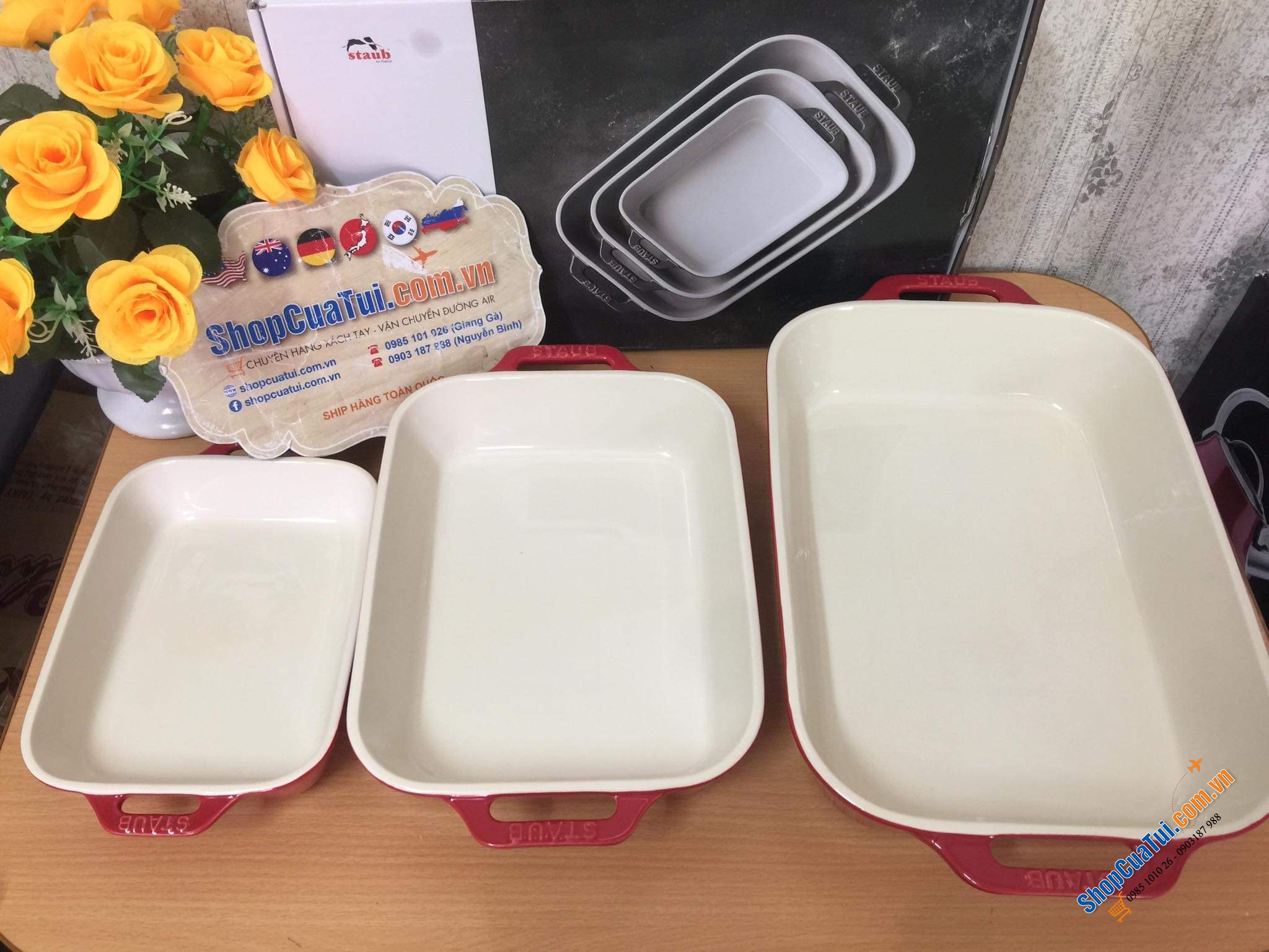SET 3 KHAY GỐM CHỮ NHẬT BỎ LÒ STAUB - MÀU ĐỎ