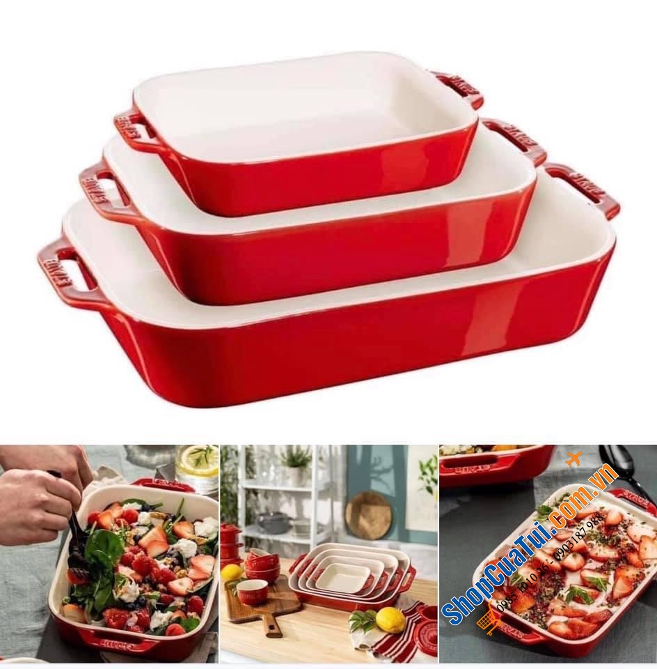 SET 3 KHAY GỐM CHỮ NHẬT BỎ LÒ STAUB - MÀU ĐỎ