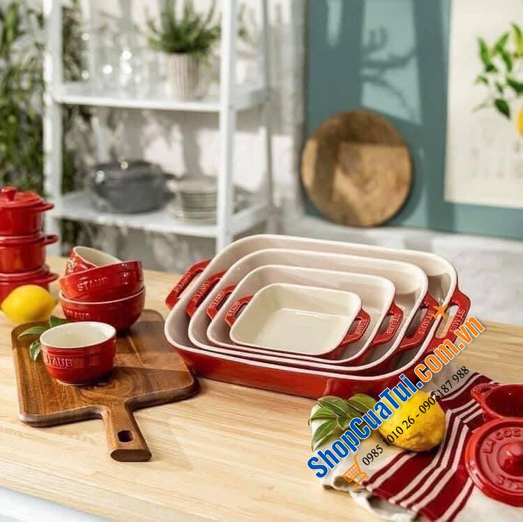 SET 3 KHAY GỐM CHỮ NHẬT BỎ LÒ STAUB - MÀU ĐỎ