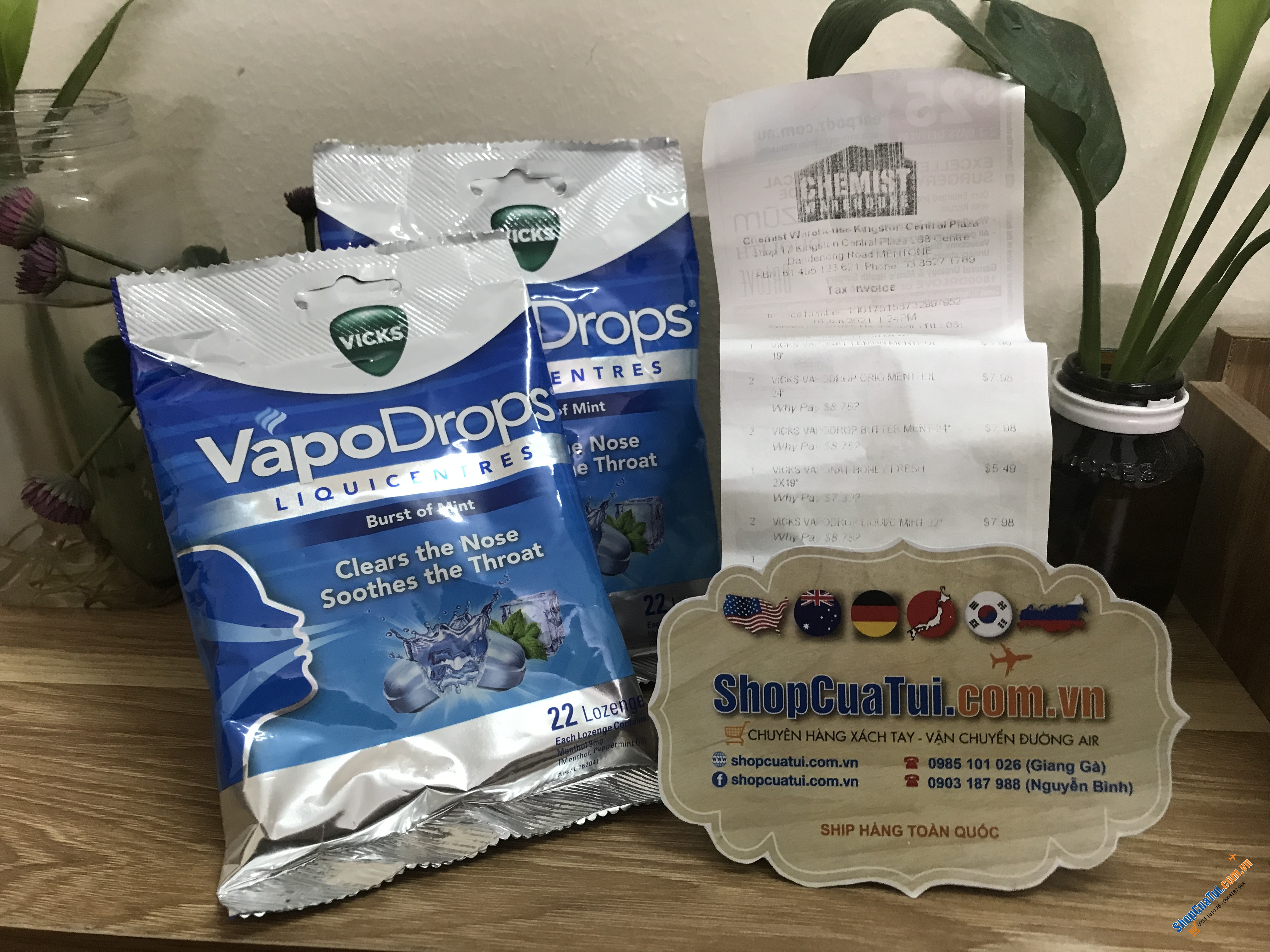 Viên kẹo ngậm trị ho và viêm họng Vicks VapoDrops Liquicentres Burst of Mint 22 Lozenges