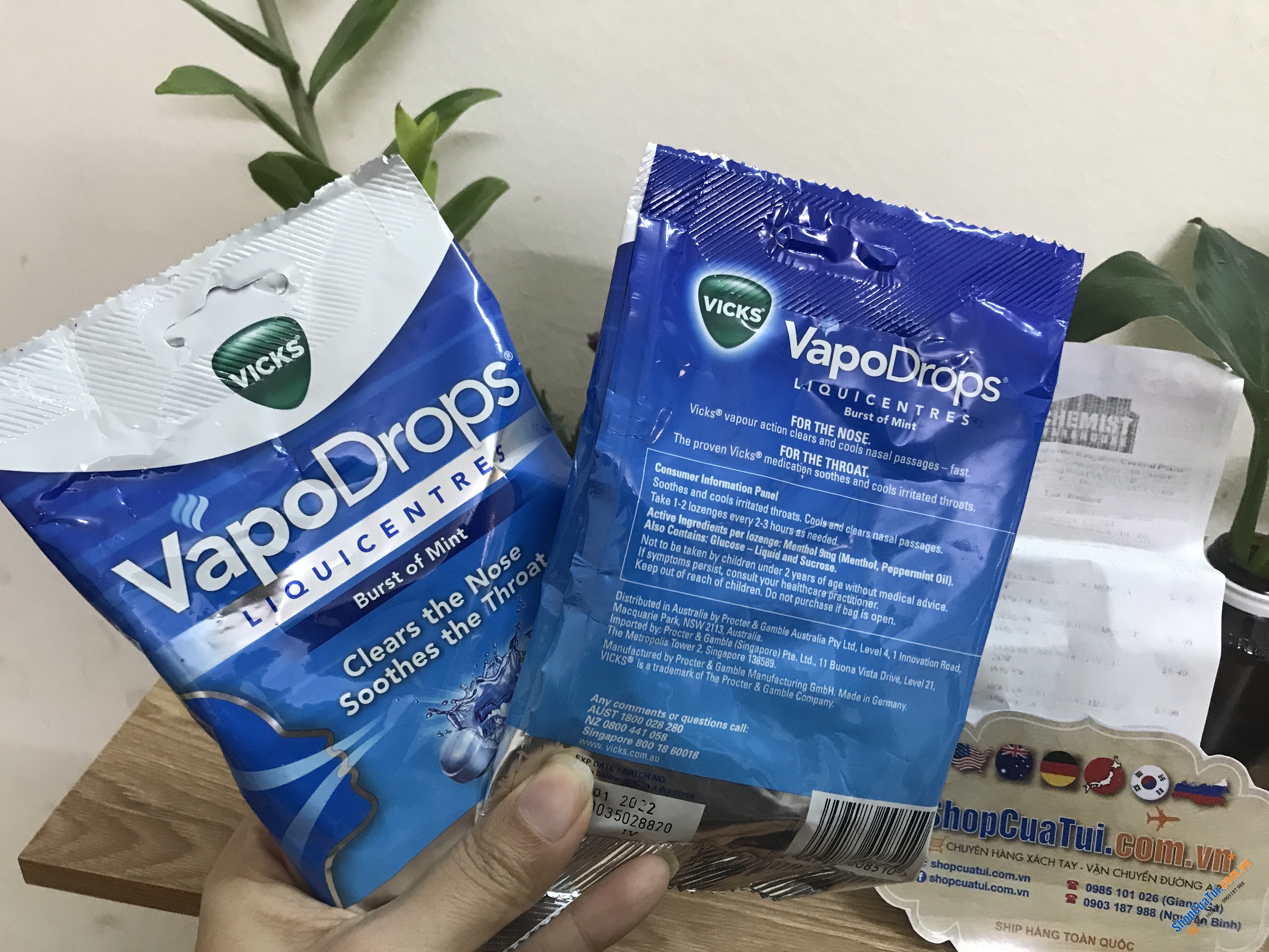 Viên kẹo ngậm trị ho và viêm họng Vicks VapoDrops Liquicentres Burst of Mint 22 Lozenges