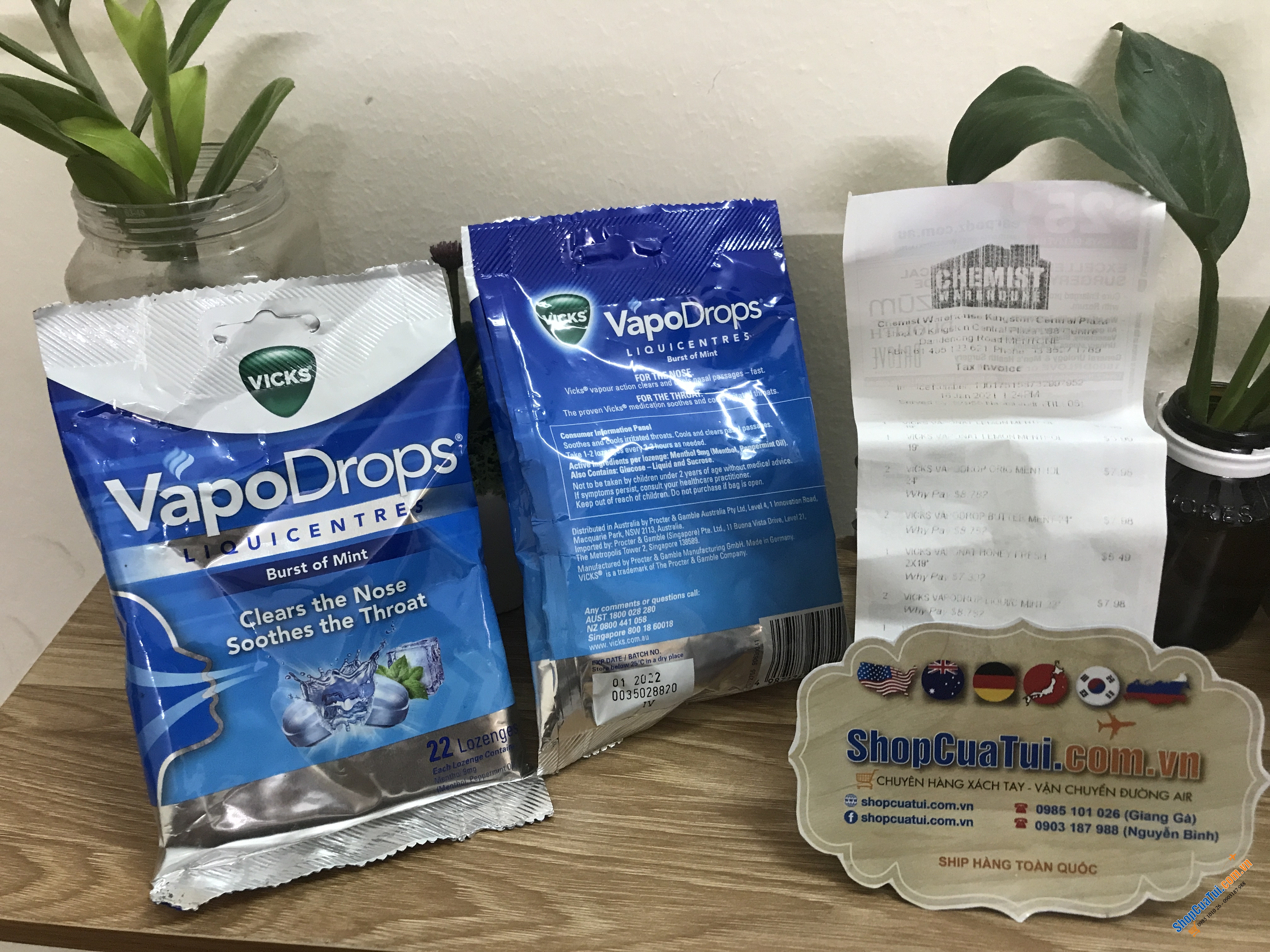 Viên kẹo ngậm trị ho và viêm họng Vicks VapoDrops Liquicentres Burst of Mint 22 Lozenges