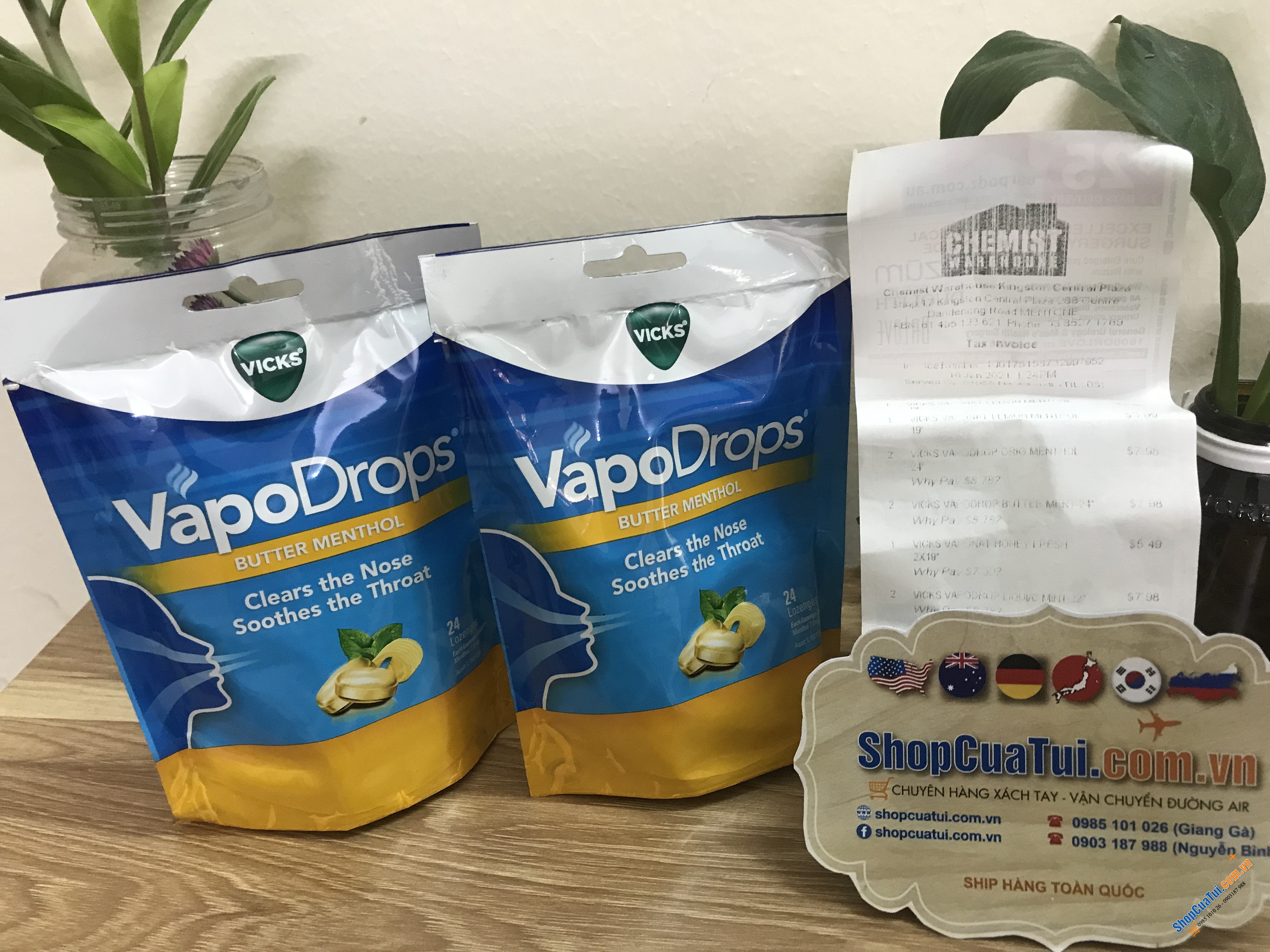 Viên kẹo ngậm trị ho và viêm họng Vicks VapoDrops Butter Menthol Lozenges 24 Pack