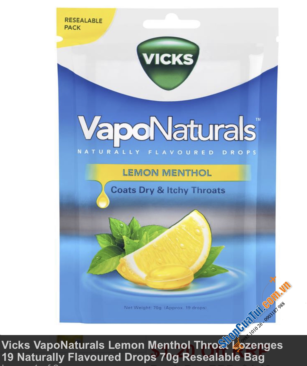 Viên kẹo ngậm trị ho và viêm họng Vicks VapoNaturals Lemon Menthol Throat Lozenges 19 Naturally Flavoured Drops 70g Resealable Bag