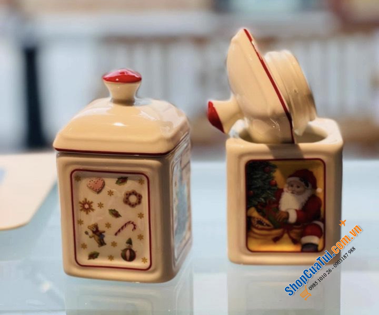 SET 2 HŨ ĐỰNG GIA VỊ, HẠT NÊM, ỚT TRƯNG, ĐƯỜNG  VILLEROY BOCH HÌNH NOEL