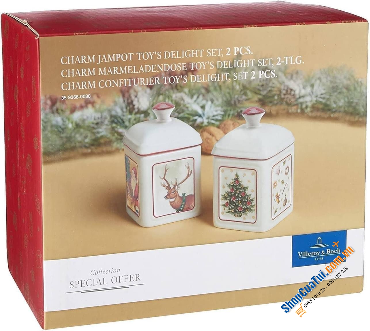 SET 2 HŨ ĐỰNG GIA VỊ, HẠT NÊM, ỚT TRƯNG, ĐƯỜNG  VILLEROY BOCH HÌNH NOEL