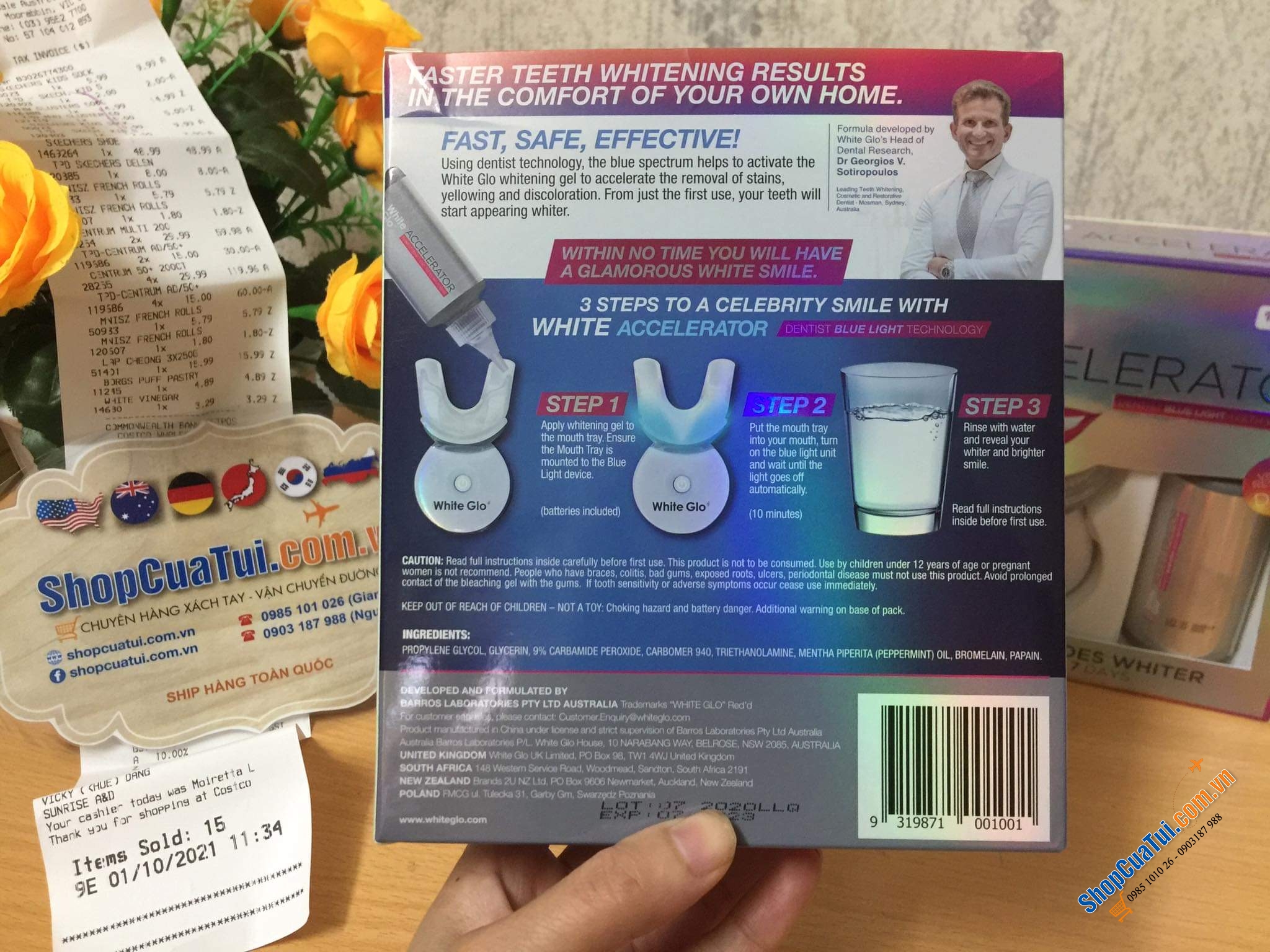 Máy Làm Trắng Răng White Glo White Accelerator Blue Light Teeth Whitening System Sử dụng công nghệ nha khoa, quang phổ màu xanh giúp kích hoạt gel làm trắng, cho hàm răng trắng hơn 8 sắc độ trong vòng 7 ngày