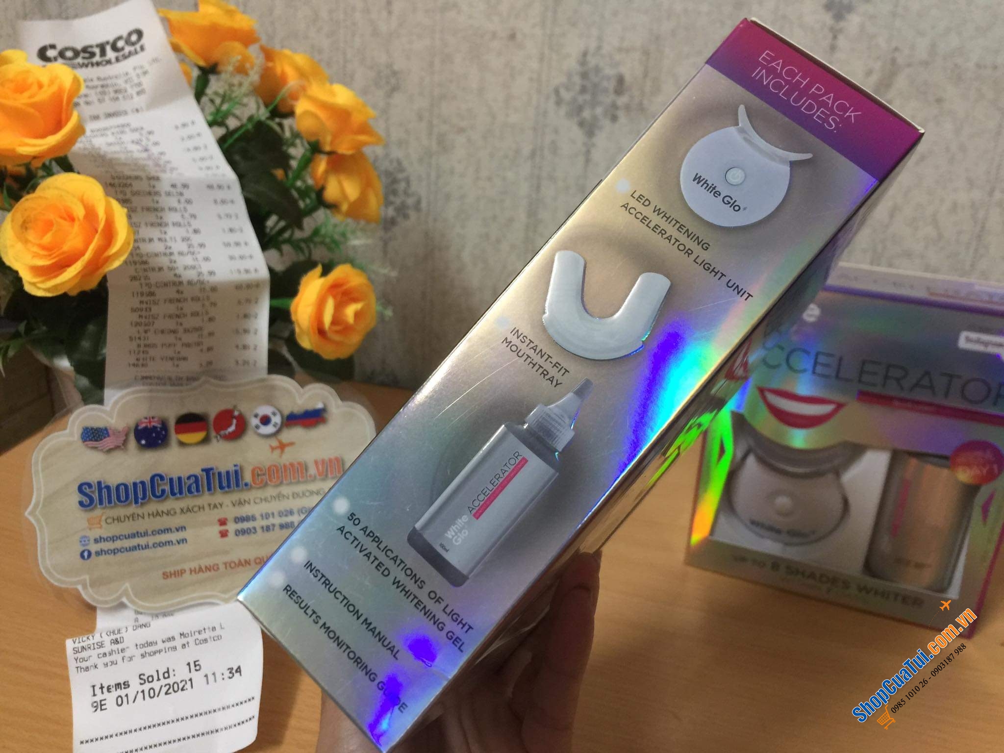 Máy Làm Trắng Răng White Glo White Accelerator Blue Light Teeth Whitening System Sử dụng công nghệ nha khoa, quang phổ màu xanh giúp kích hoạt gel làm trắng, cho hàm răng trắng hơn 8 sắc độ trong vòng 7 ngày