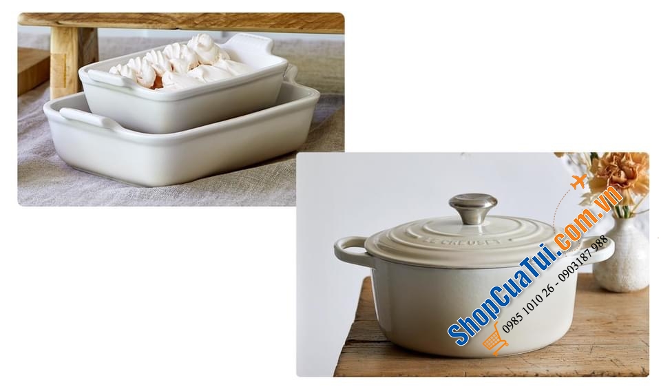 KHAY GỐM BỎ LÒ LE CREUSET 26 CM TRẮNG XÁM.
