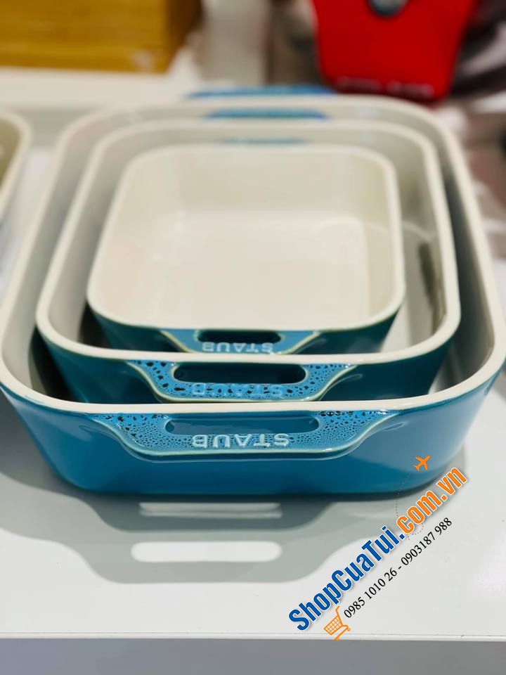 SET 3 KHAY GỐM CHỮ NHẬT BỎ LÒ STAUB MÀU XANH BIỂN.