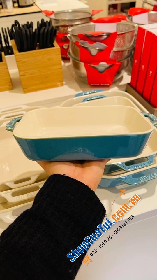 SET 3 KHAY GỐM CHỮ NHẬT BỎ LÒ STAUB MÀU XANH BIỂN.