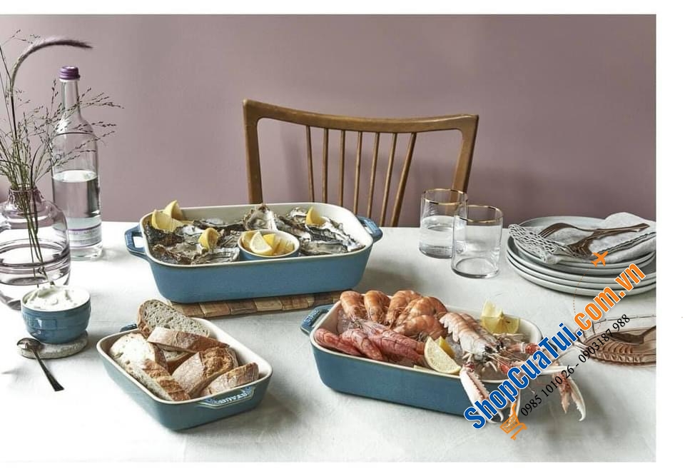 SET 3 KHAY GỐM CHỮ NHẬT BỎ LÒ STAUB MÀU XANH BIỂN.