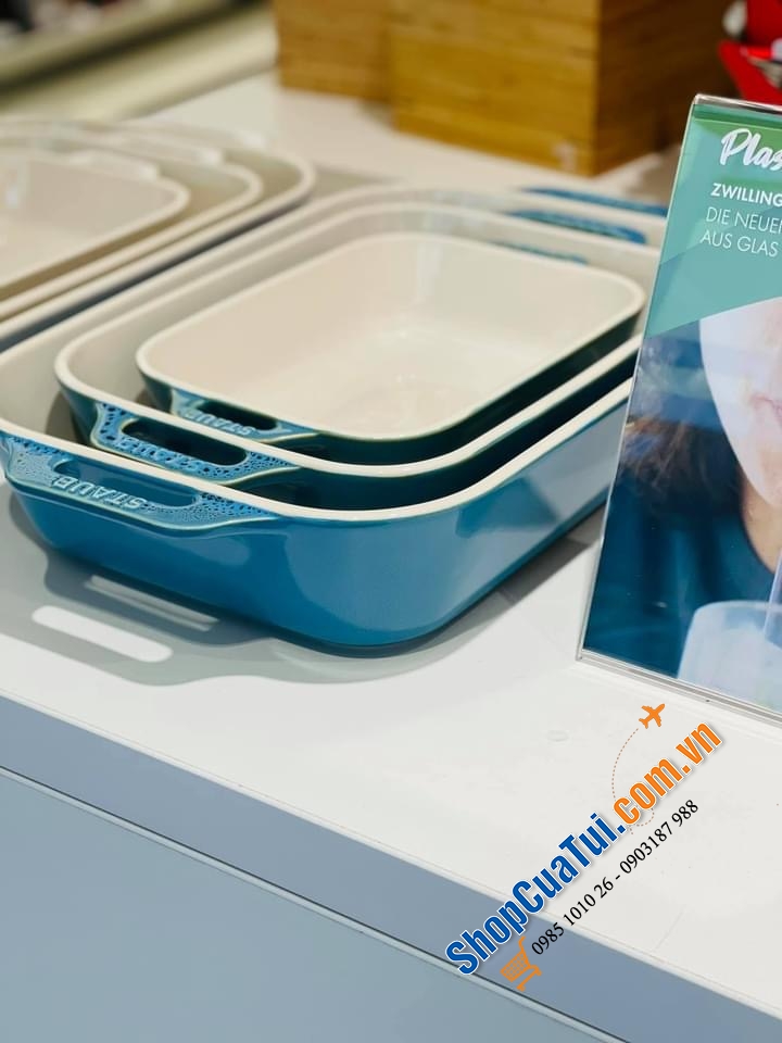 SET 3 KHAY GỐM CHỮ NHẬT BỎ LÒ STAUB MÀU XANH BIỂN.