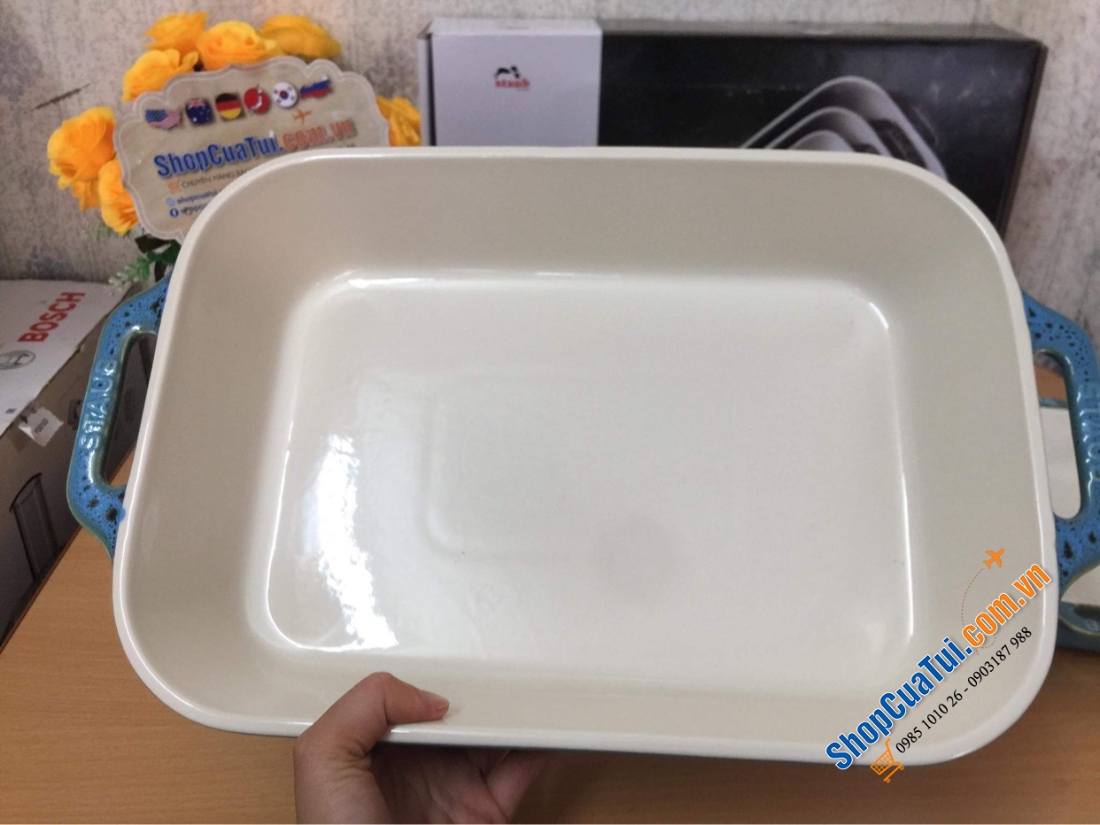 SET 3 KHAY GỐM CHỮ NHẬT BỎ LÒ STAUB MÀU XANH BIỂN.