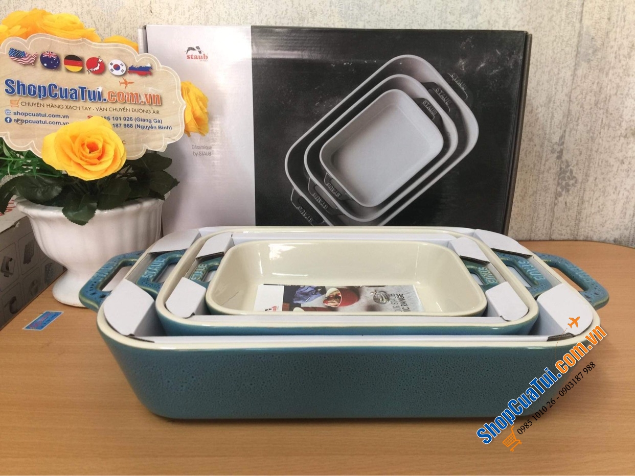SET 3 KHAY GỐM CHỮ NHẬT BỎ LÒ STAUB MÀU XANH BIỂN.
