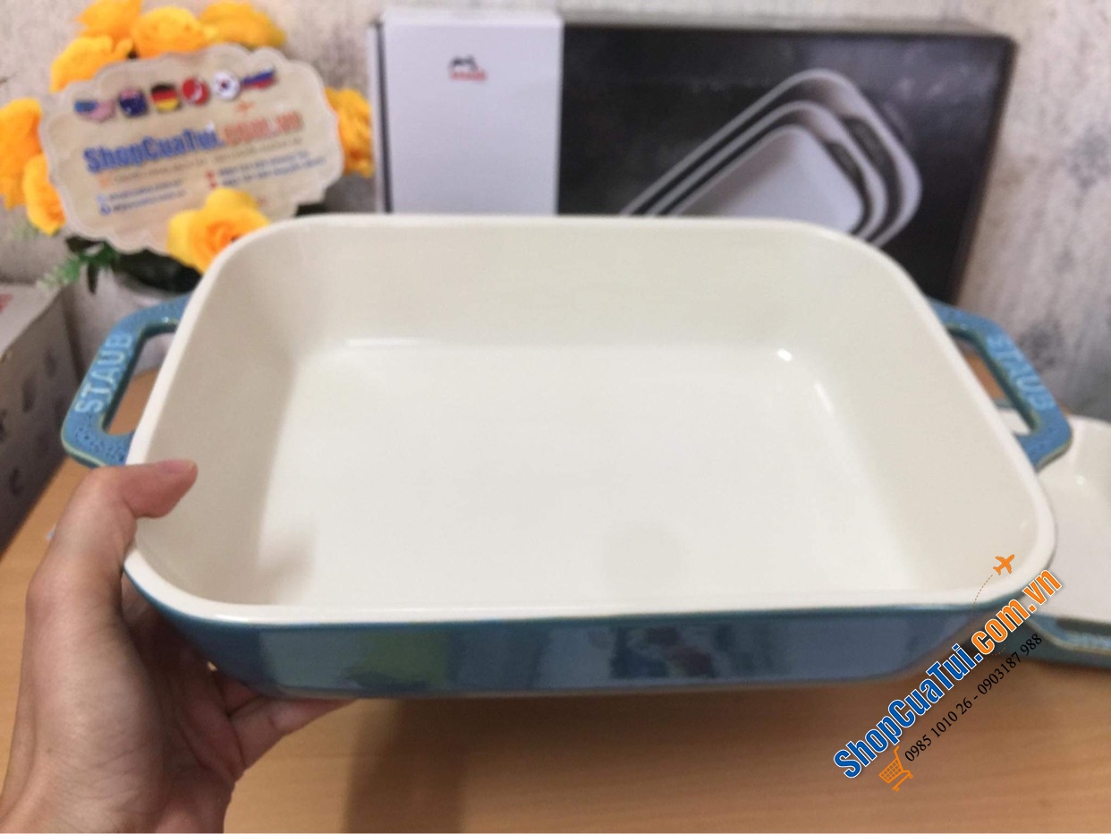 SET 3 KHAY GỐM CHỮ NHẬT BỎ LÒ STAUB MÀU XANH BIỂN.