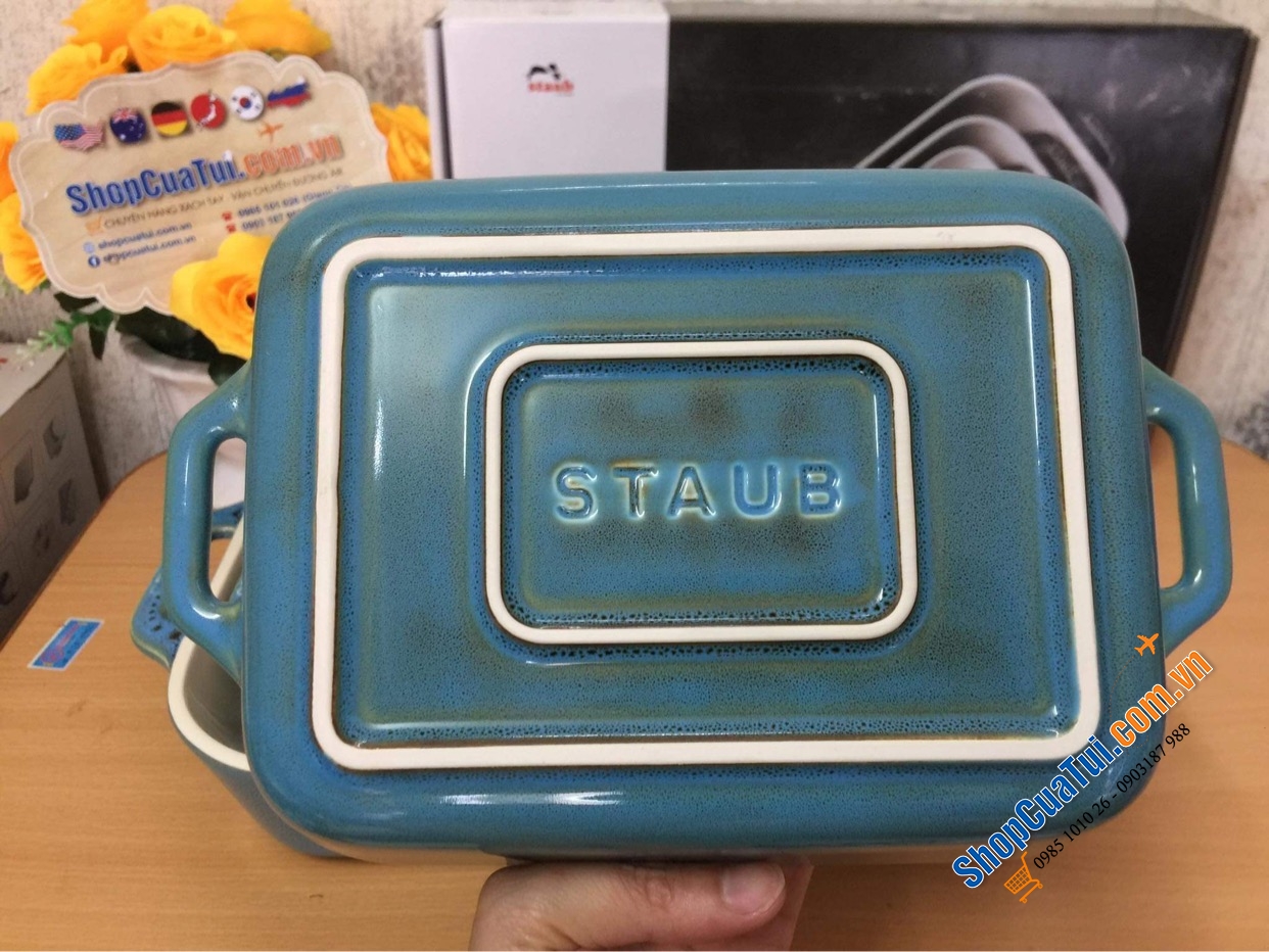 SET 3 KHAY GỐM CHỮ NHẬT BỎ LÒ STAUB MÀU XANH BIỂN.
