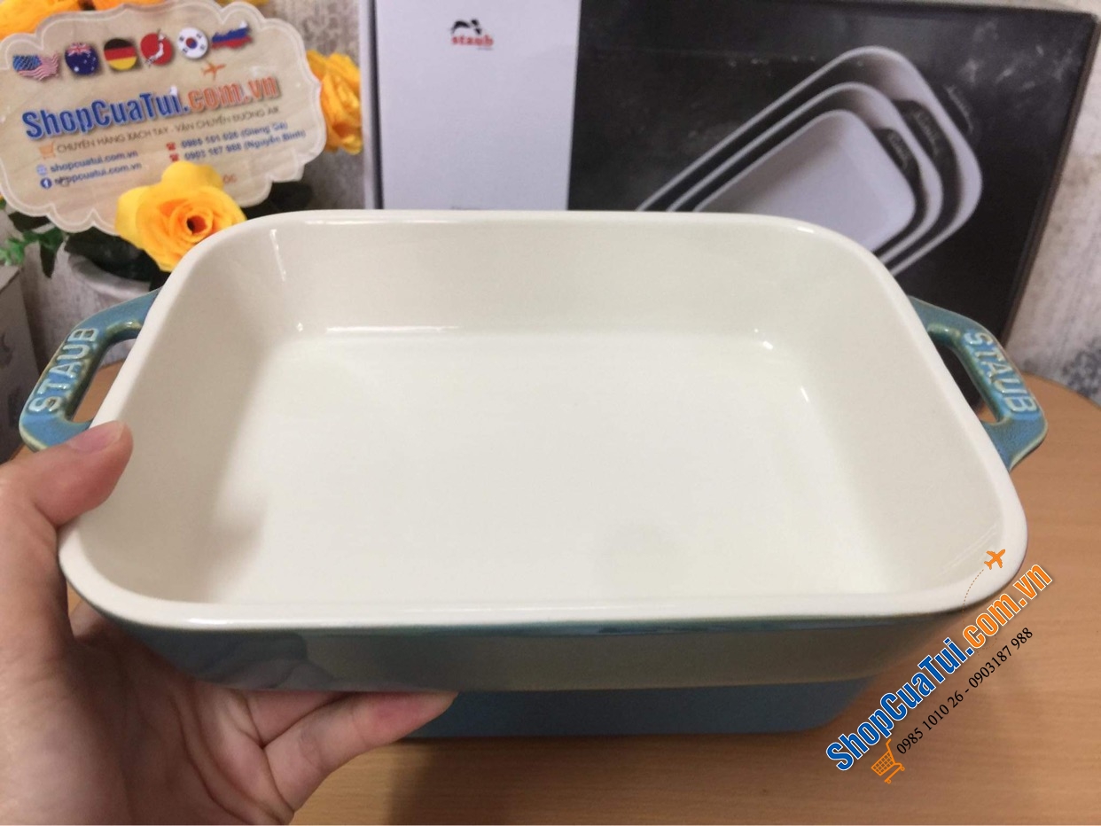 SET 3 KHAY GỐM CHỮ NHẬT BỎ LÒ STAUB MÀU XANH BIỂN.