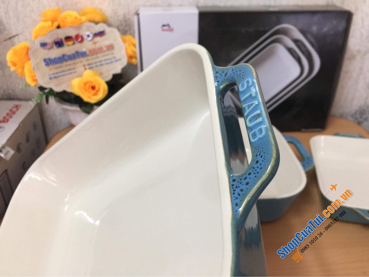 SET 3 KHAY GỐM CHỮ NHẬT BỎ LÒ STAUB MÀU XANH BIỂN.