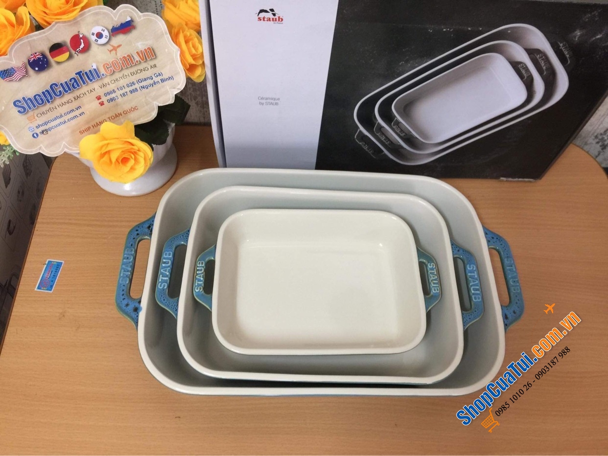 SET 3 KHAY GỐM CHỮ NHẬT BỎ LÒ STAUB MÀU XANH BIỂN.