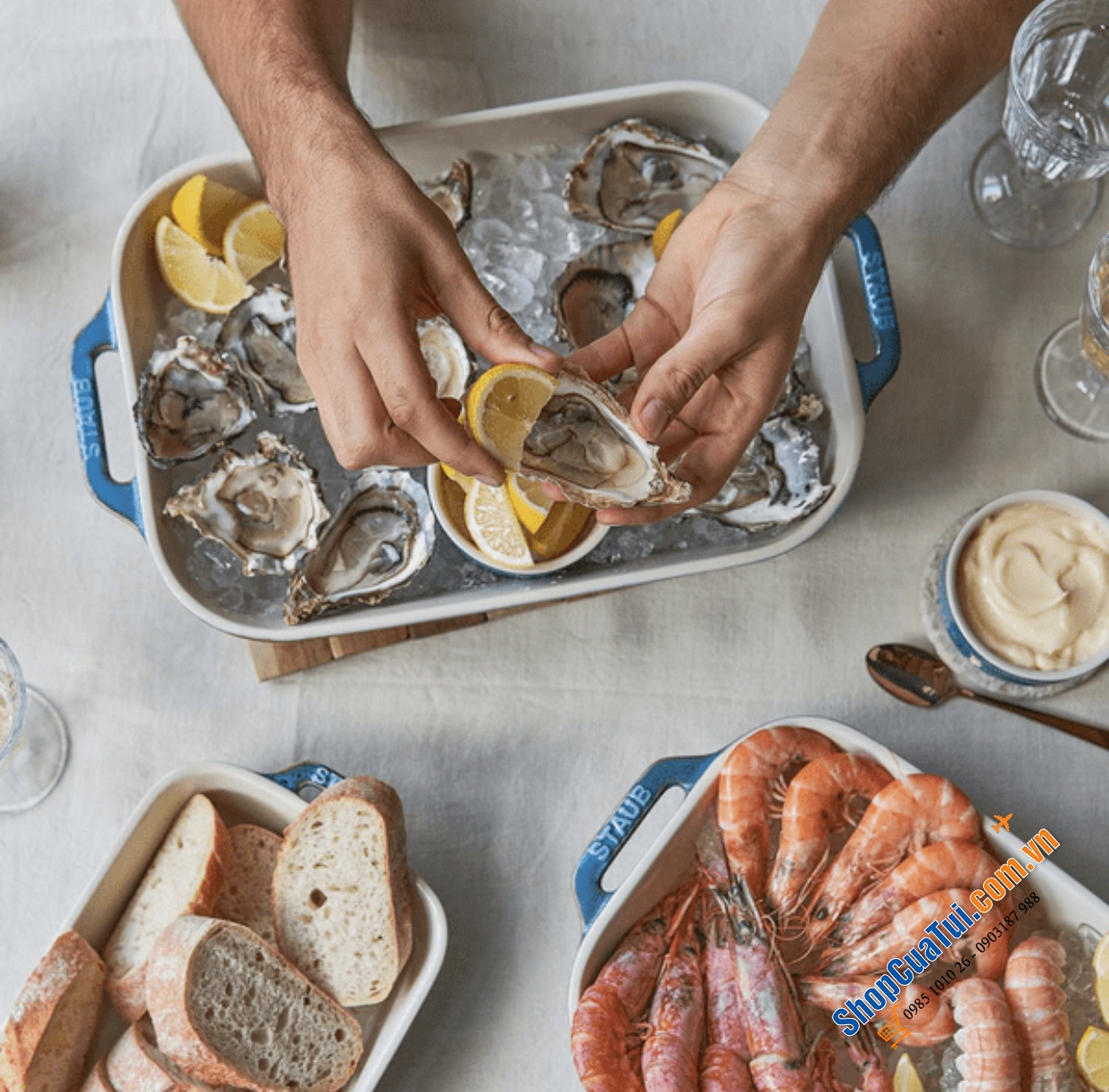 SET 3 KHAY GỐM CHỮ NHẬT BỎ LÒ STAUB MÀU XANH BIỂN.