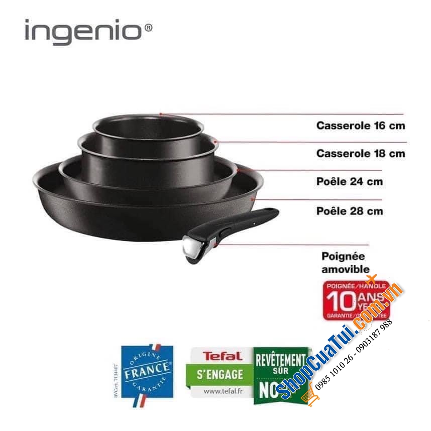 Set 2 nồi + 2 chảo, chung 1 tay cầm rời Tefal Ingenio - made in France