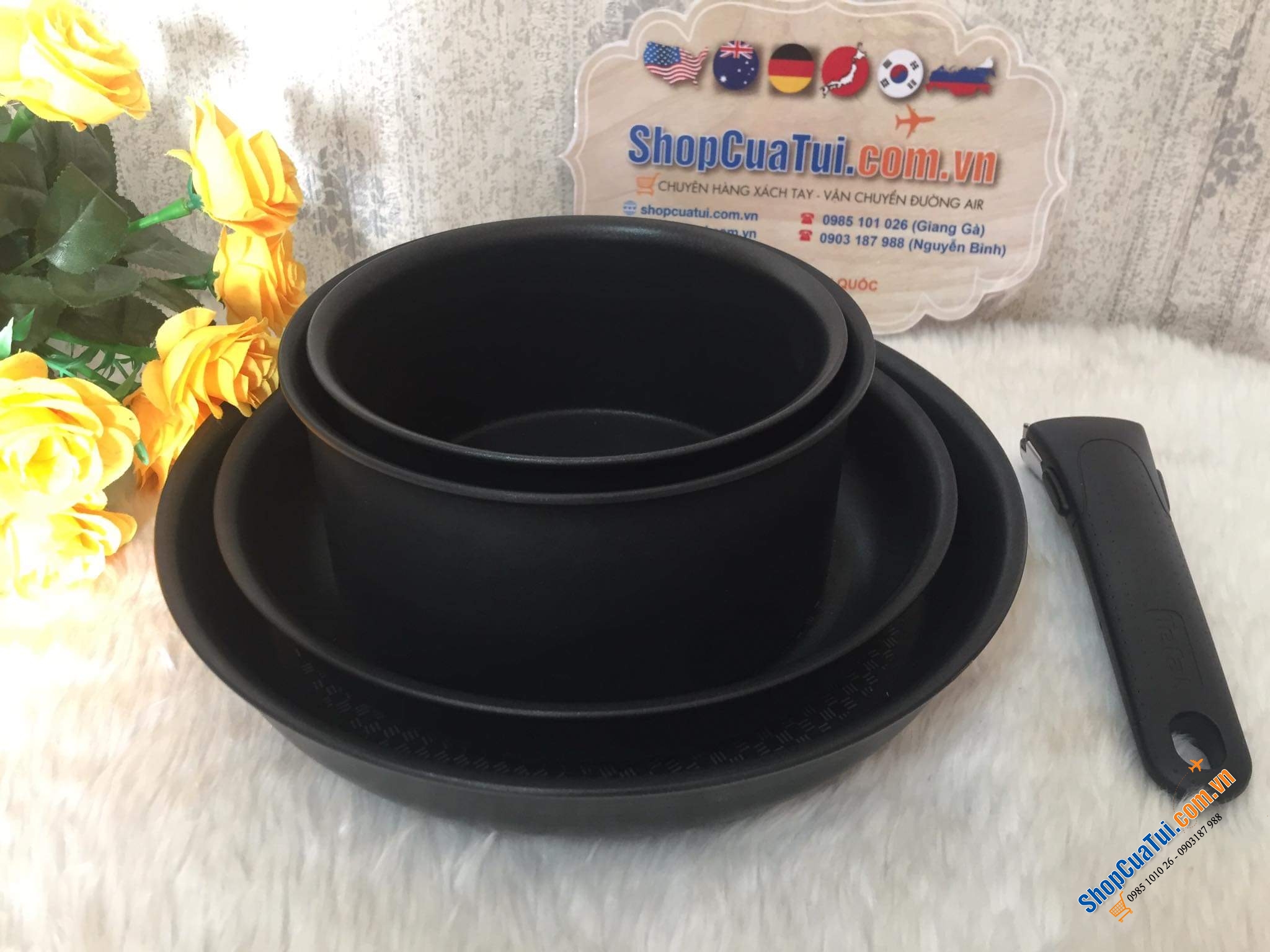 Set 2 nồi + 2 chảo, chung 1 tay cầm rời Tefal Ingenio - made in France