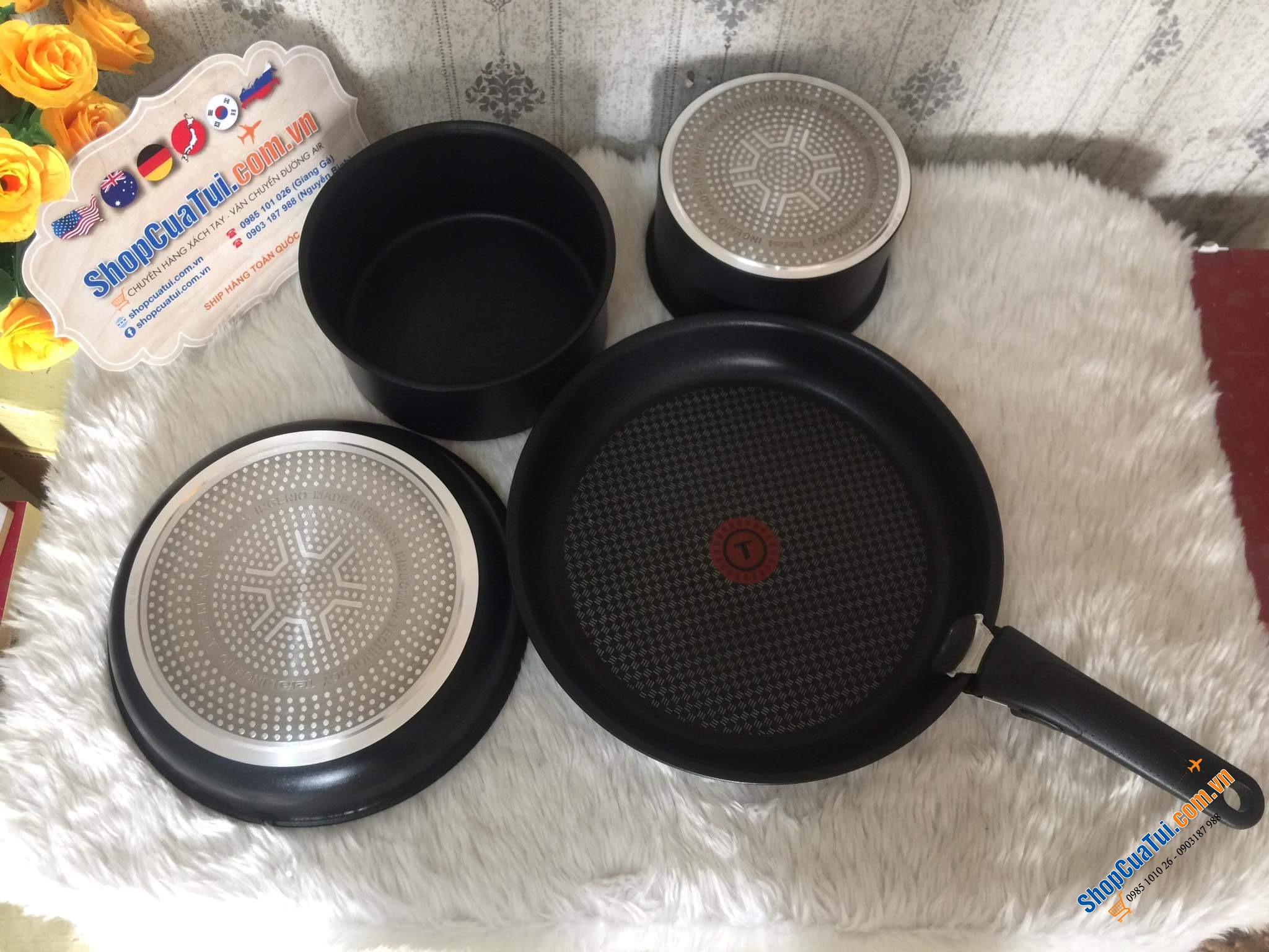 Set 2 nồi + 2 chảo, chung 1 tay cầm rời Tefal Ingenio - made in France