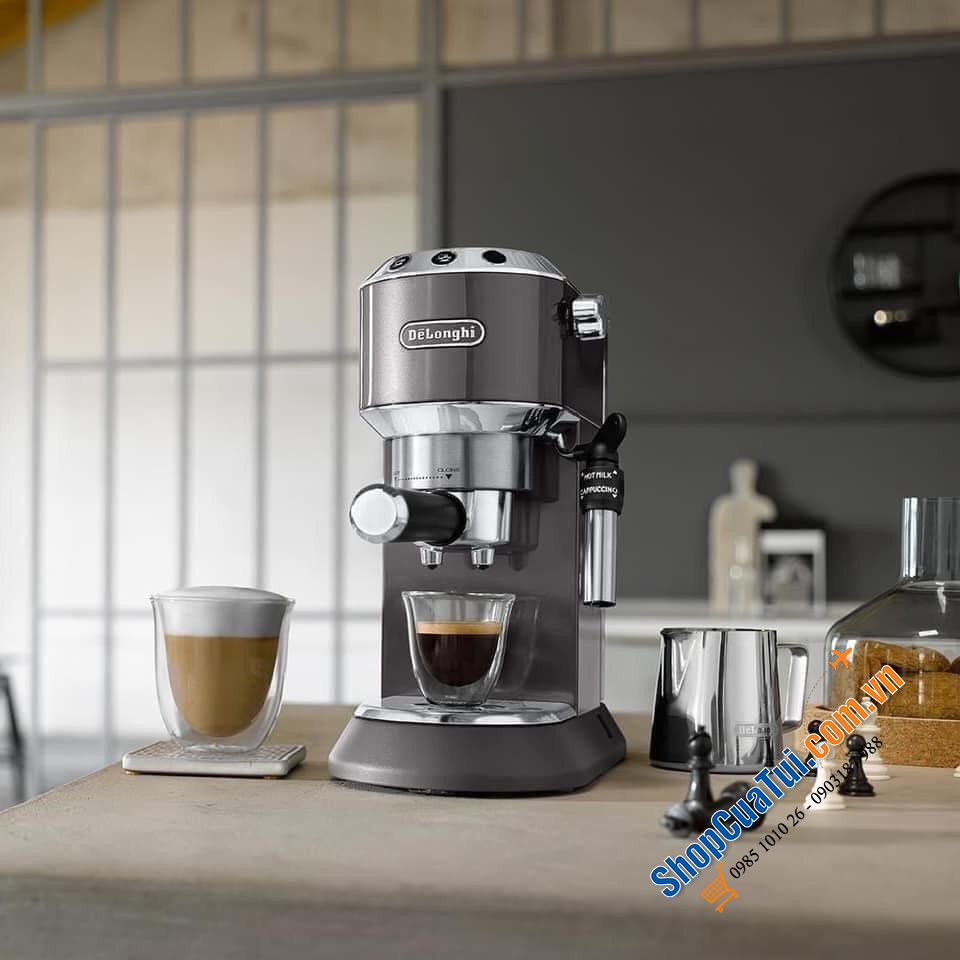 Máy pha cà phê Delonghi EC785 Dedica Metallics - Thưởng thức trọn vẹn cà phê đen, Espresso, Capuchino tại gia đình - Màu xám titan siêu sang.