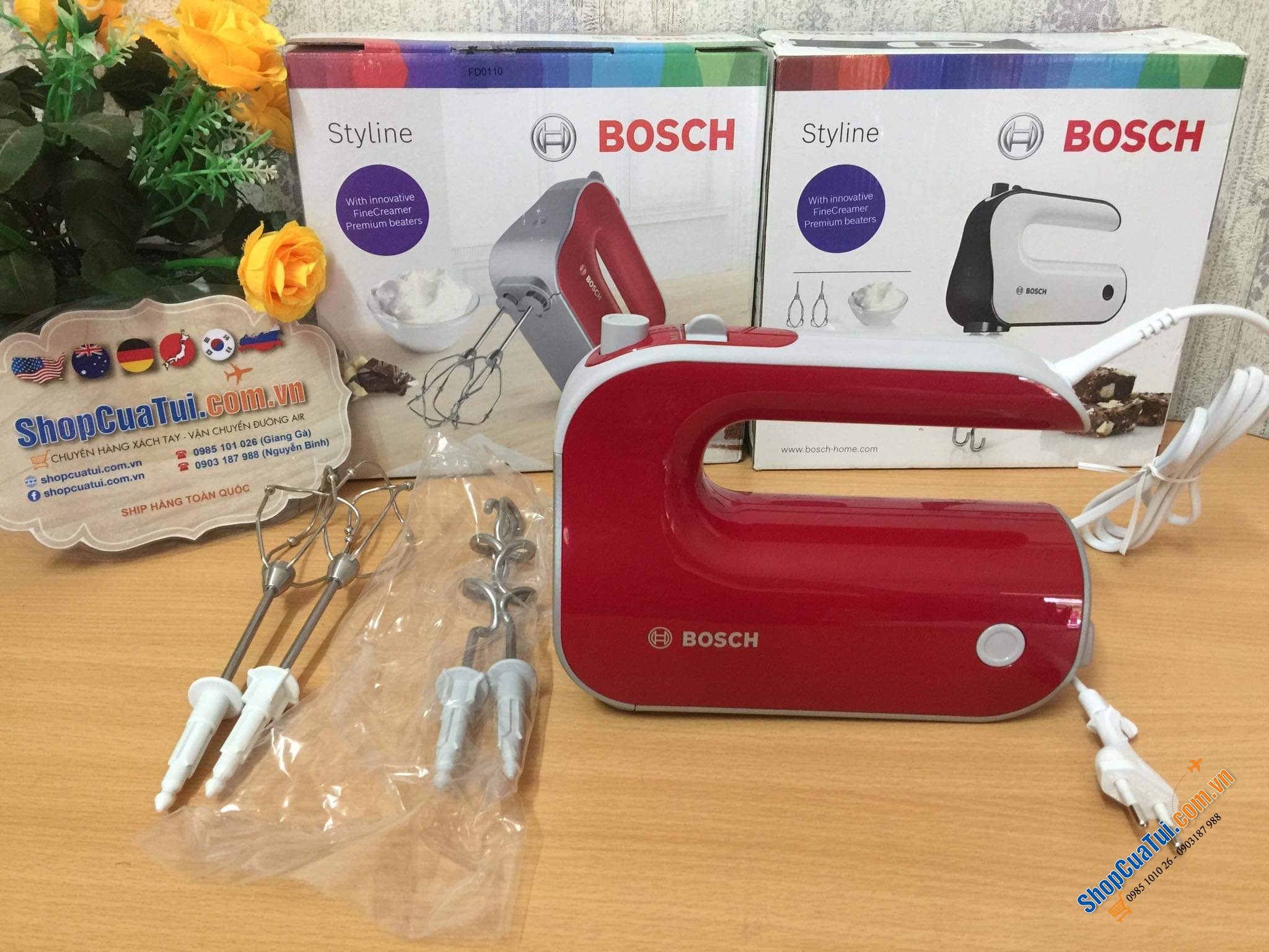 Máy ĐÁNH TRỨNG TRỘN BỘT BOSCH MFQ40303 công suất khỏe nhất 500w màu đỏ Made in Slovenia siêu xịn