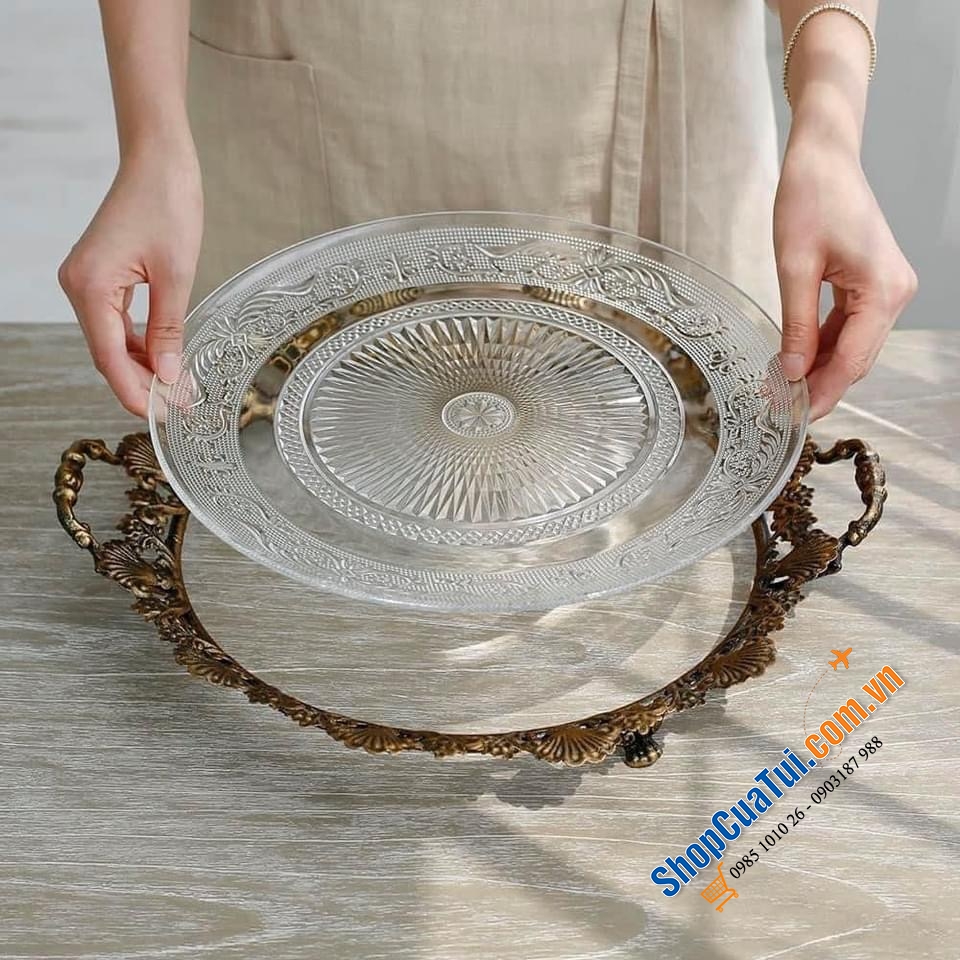 Đĩa pha lê Bohemia handmade kèm giá đỡ (đĩa và giá rời nhau) đường kính 42cm