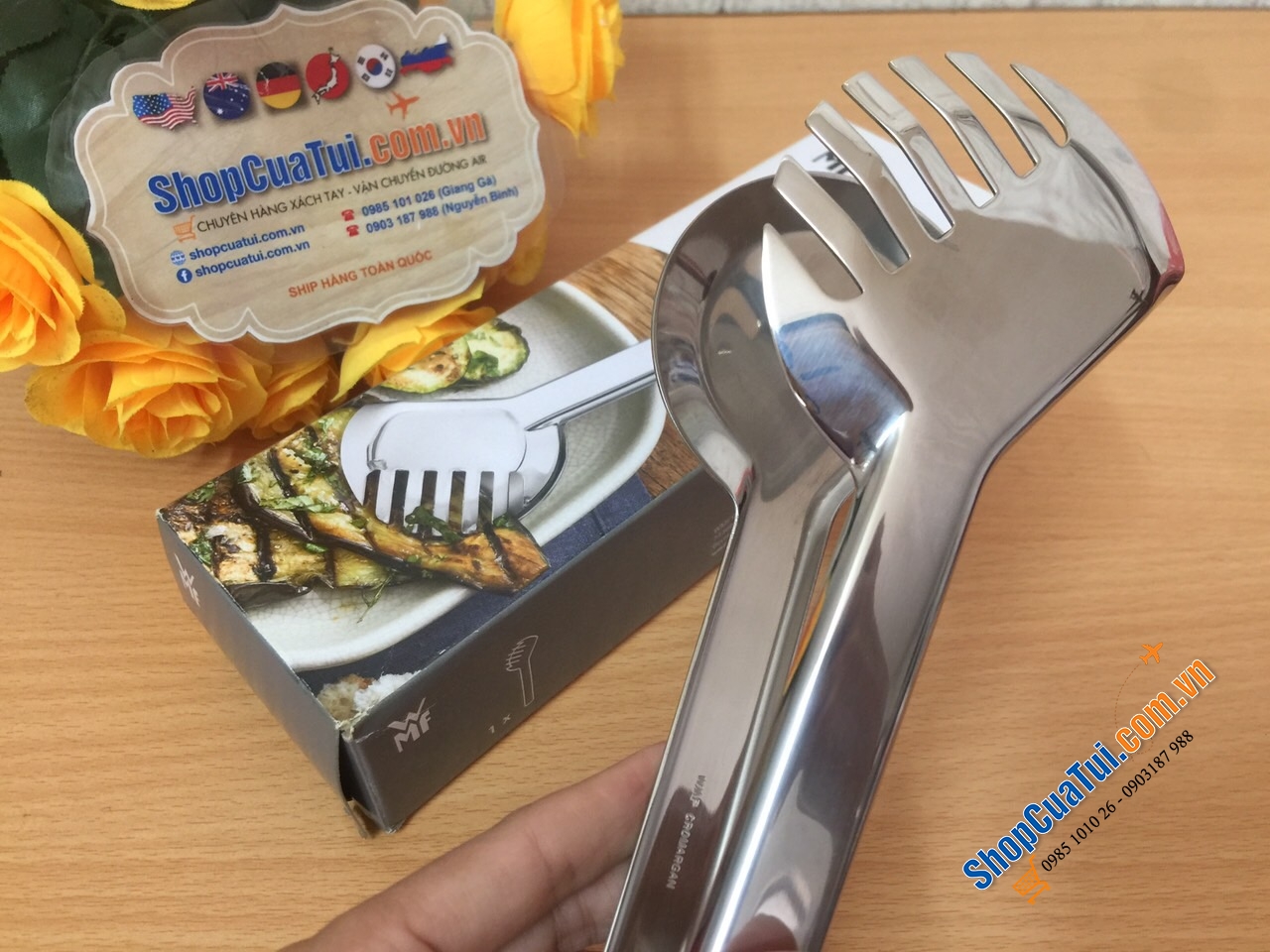 DỤNG CỤ GẮP THỰC PHẨM WMF Servier Range Nuova CHẤT LIỆU INOX 23CM - Gắp WMF mẫu mới: một bên răng cưa, một bên thìa múc dầu, múc sốt