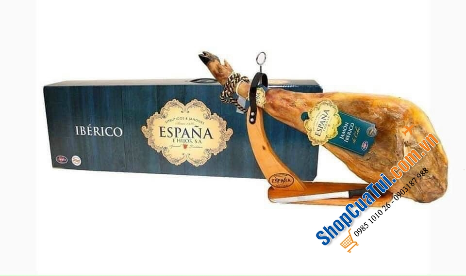 ĐÙI HEO MUỐI ESPANA IBERICO LỢN ĐEN - Đùi heo đen Jamon DE CEBO CAMPO IBERICO 50 % DERAZA IBERICA - tem Xanh nguyên xương, khối lượng tịnh 4,5 - 5 kg tặng kèm dao, giá đỡ chuyên dụng