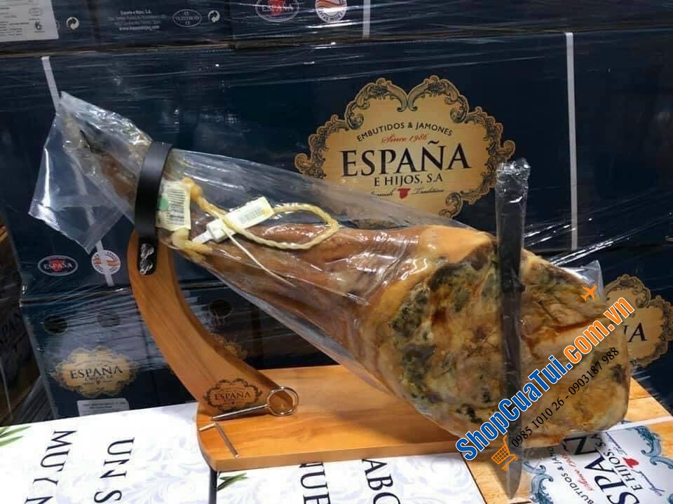 ĐÙI HEO MUỐI ESPANA IBERICO LỢN ĐEN - Đùi heo đen Jamon DE CEBO CAMPO IBERICO 50 % DERAZA IBERICA - tem Xanh nguyên xương, khối lượng tịnh 4,5 - 5 kg tặng kèm dao, giá đỡ chuyên dụng