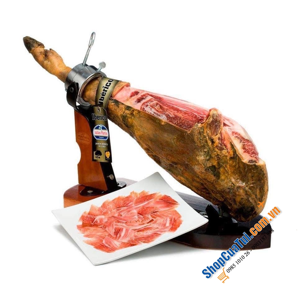 ĐÙI HEO MUỐI ESPANA IBERICO LỢN ĐEN - Đùi heo đen Jamon DE CEBO CAMPO IBERICO 50 % DERAZA IBERICA - tem Xanh nguyên xương, khối lượng tịnh 4,5 - 5 kg tặng kèm dao, giá đỡ chuyên dụng