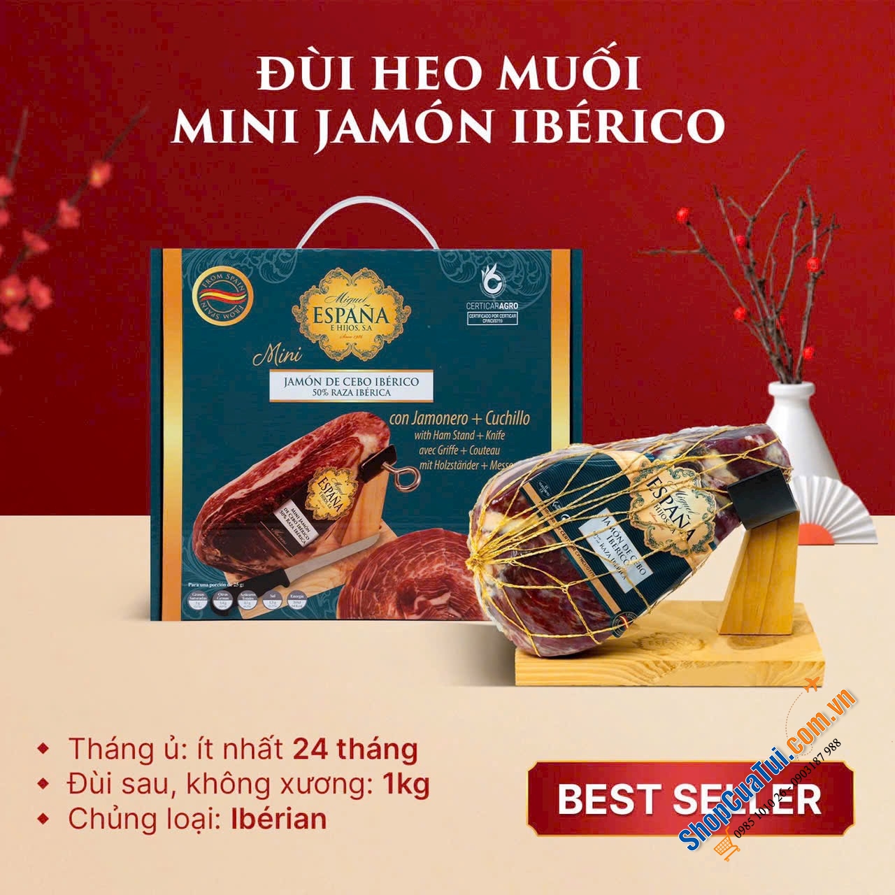 Đùi heo muối mini Jamon Iberico Espana Tây ban nha 1kg lợn đen hảo hạng