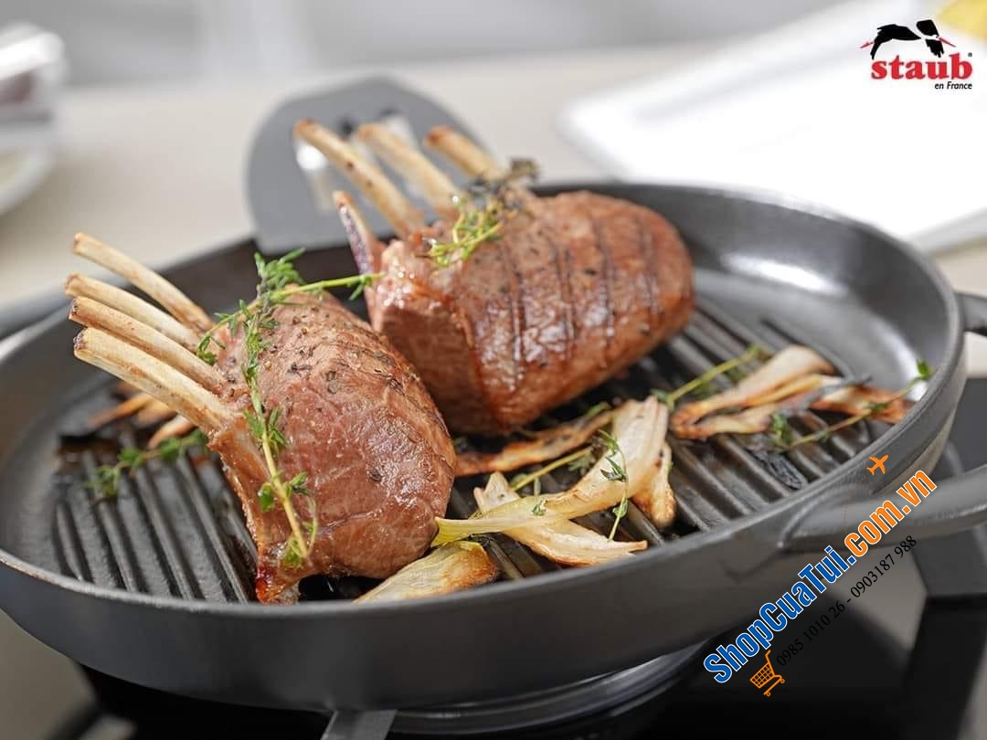 CHẢO GANG NƯỚNG STAUB 22CM - Nướng mềm và ngon ngọt hoàn hảo của bít tết, phi lê gà - Màu xám