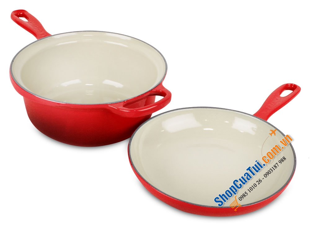 Set nồi chảo gang Le Creuset Marmitout 2-in-1, 22cm- màu cam, màu đỏ