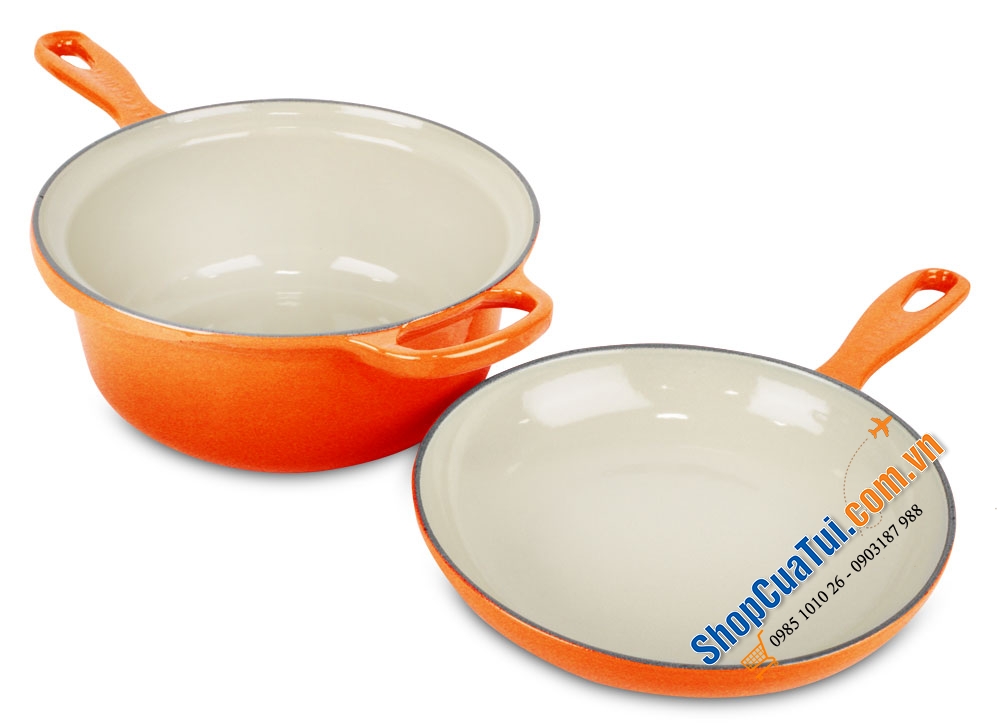 Set nồi chảo gang Le Creuset Marmitout 2-in-1, 22cm- màu cam, màu đỏ