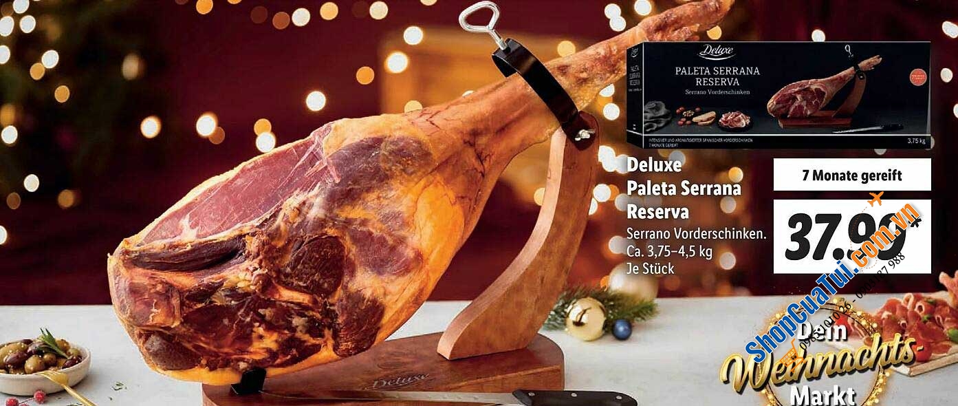 Jamon - ĐÙI HEO MUỐI SERRANO SCHINKEN 3,75kg  - dòng thượng hạng DELUXE PALETA SERRANA RESERVA - đùi lợn muối nguyên chiếc