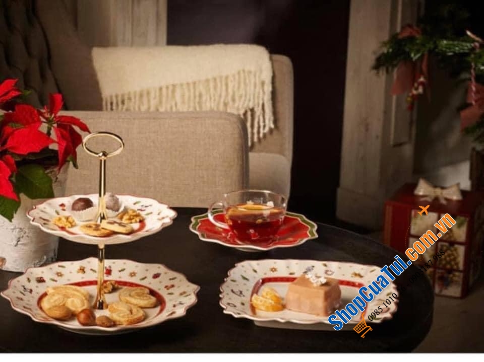 Khay đựng bánh kẹo hoa quả 2 tầng Villeroy Bosh hoạ tiết Noel