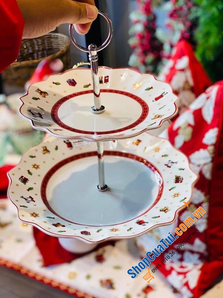 Khay đựng bánh kẹo hoa quả 2 tầng Villeroy Bosh hoạ tiết Noel