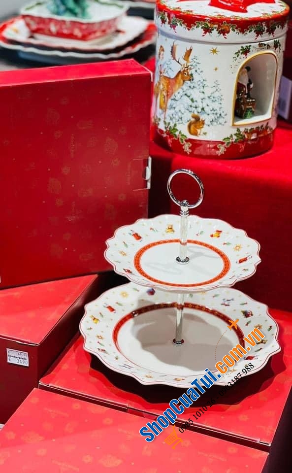 Khay đựng bánh kẹo hoa quả 2 tầng Villeroy Bosh hoạ tiết Noel