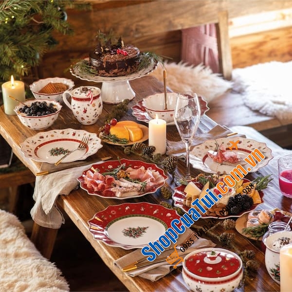 Khay đựng bánh kẹo hoa quả 2 tầng Villeroy Bosh hoạ tiết Noel