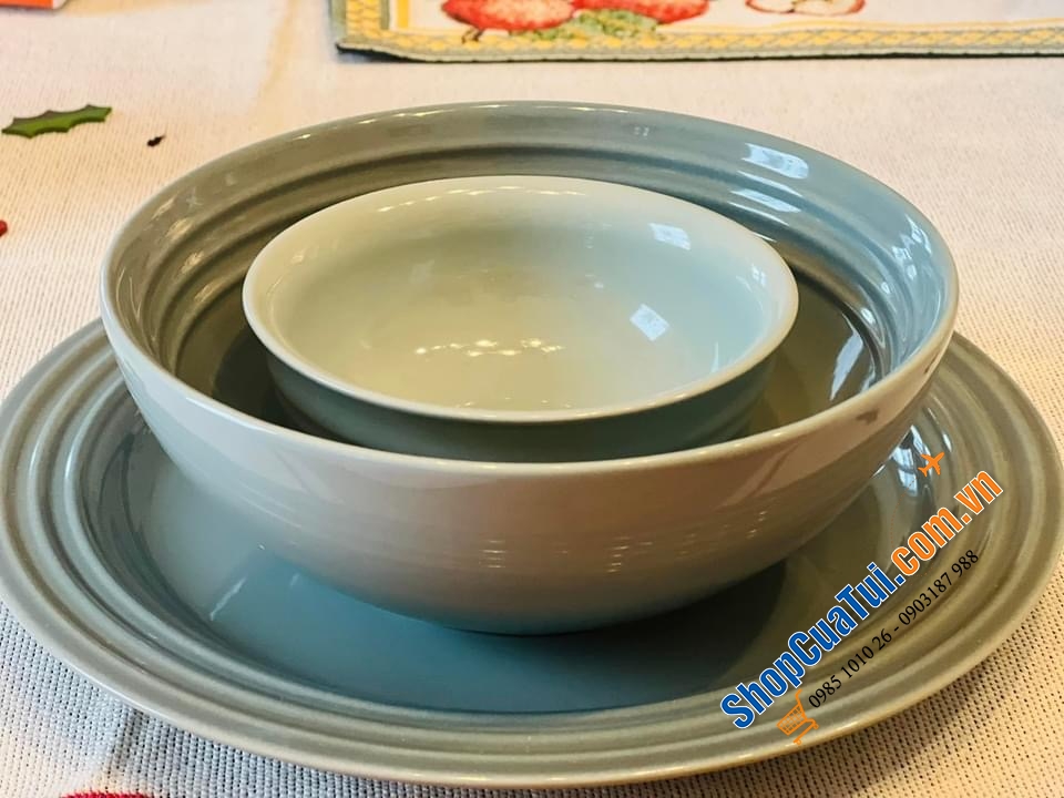 Set GỐM 3 món ĐĨA BÁT LE CREUSET MÀU HIẾM XANH SEA SALT.